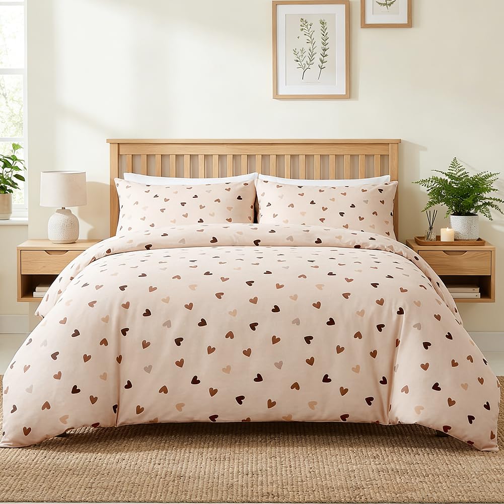 Nayoroom Bettwäsche 135x200 Beige Braun Herzen Bettbezug Bettwäsche-Sets 2teilig ÖKO-TEX Microfaser Bettwäsche Set 135 x 200 cm und Kissenbezug 80x80 cm mit Reißverschluss