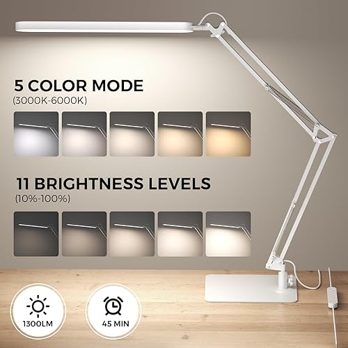 Miniatura 2 de SKYLEO LED Desk Lamp with Slim Base - Adjustable Swing Arm Desk Light, Dimmable, Timer, Eye Protection, Memory Function, 1300LM, 12W, White
