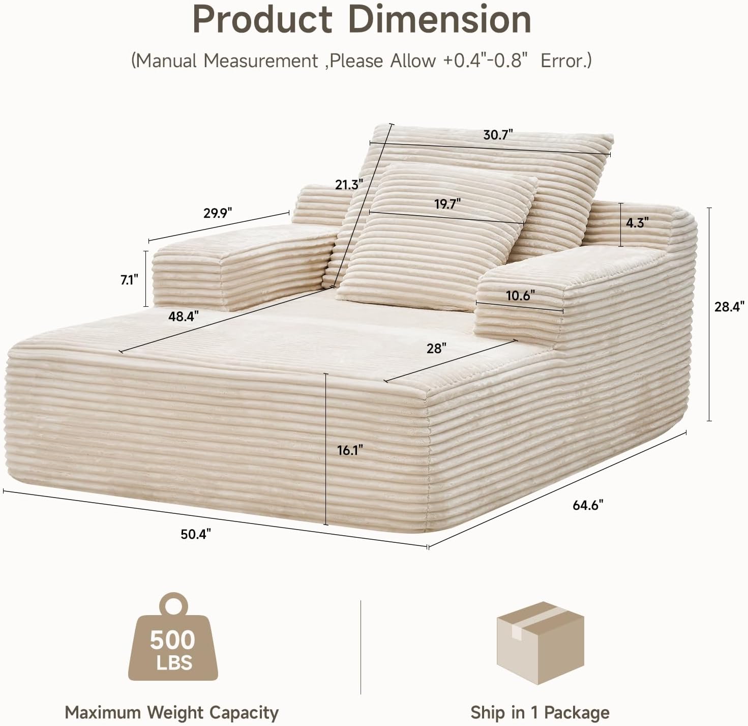 65" Chaise Lounge Chair Indoor,Oversized Upholstered Corduroy Sofa Bed, Cloud Sleeper Chairs with Throw Pillows&Wide Armrests,Couches for Living Room,Bedroom,No Assembly Required