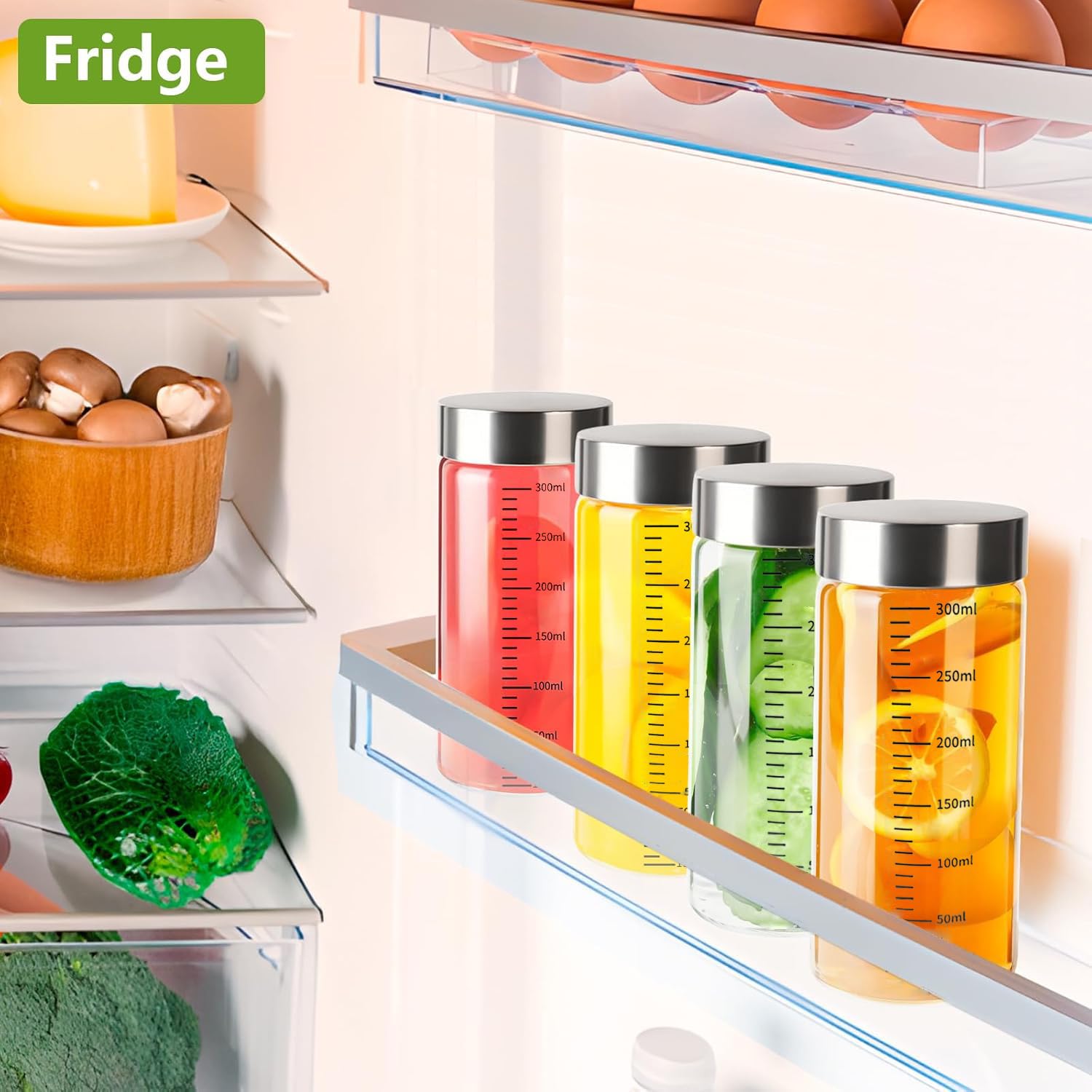 YBCPACK 4 botellas de cristal para rellenar 300 ml con tapa de acero inoxidable, vasos para batidos con escala, botellas de zumo reutilizables para rellenar zumos, leche, café helado, apto para