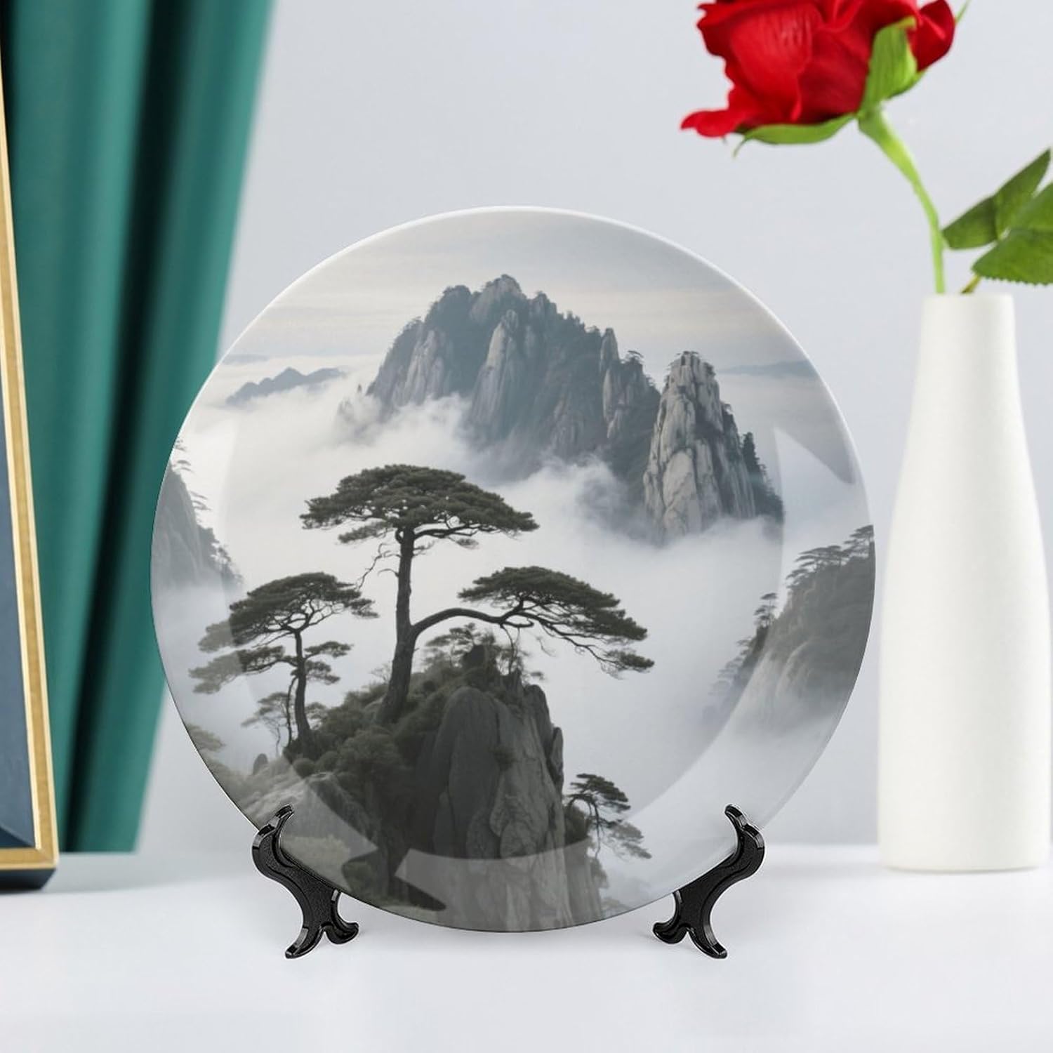 Bone China Decorative Plates Sunset in The Desert Ceramic Decorative Plate Wall Decor with Display Stand Ceramic Ornaments for Wall Hanging Decoration