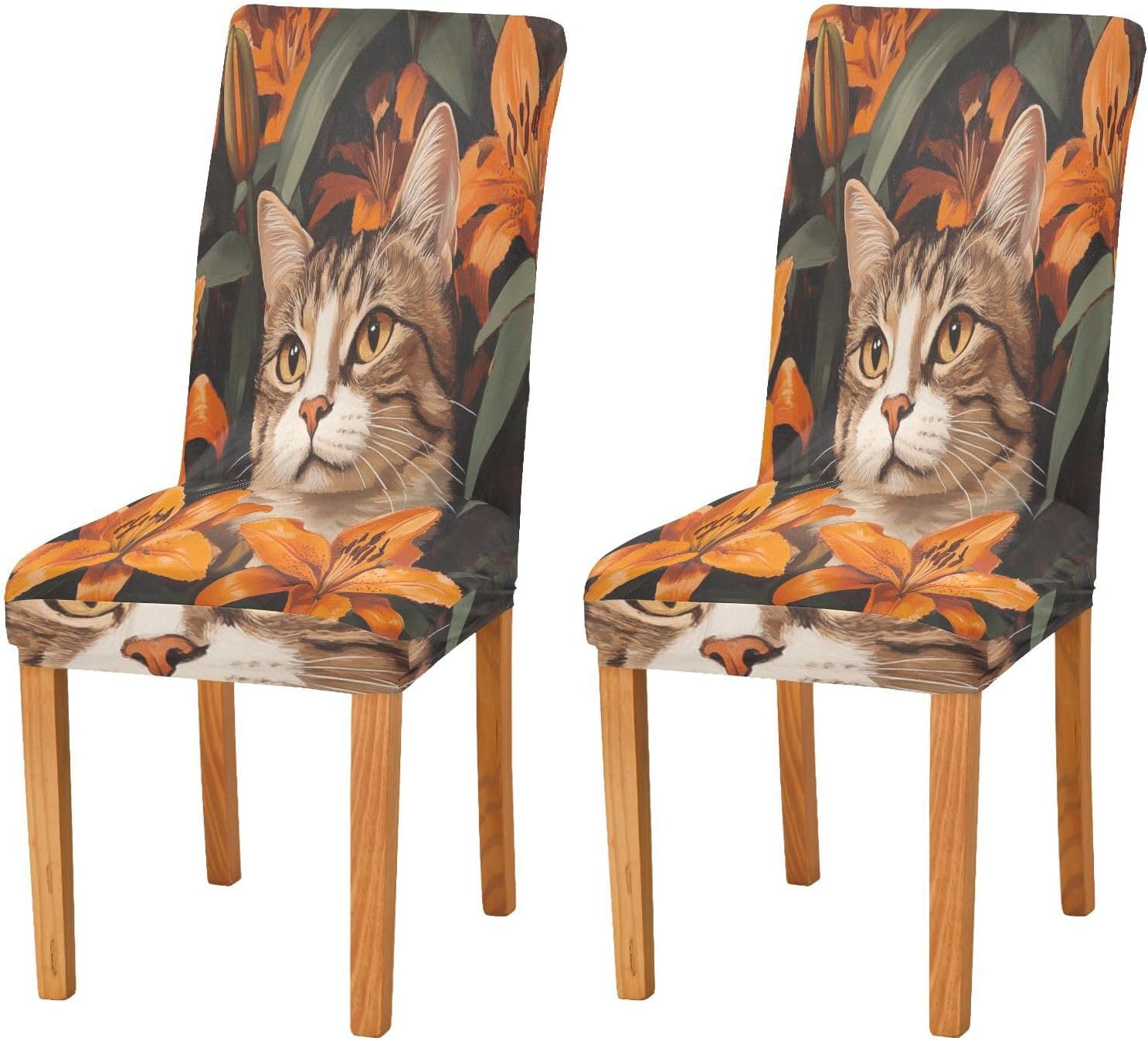 ALAZA Chair Covers for Dining Room, Cat in Orange Lily Bushes Stretch Chair Cover Sets Chair Protector Removable Washable for Ktichen Restaurant Hotel