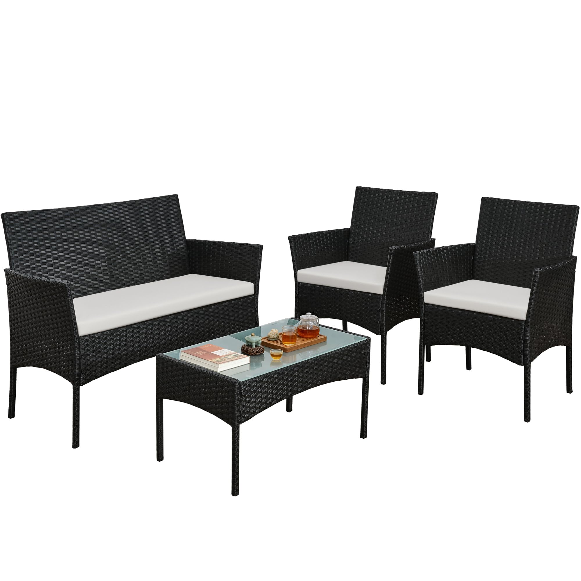rattanstar 4 Piece Rattan Garden Furniture Sets, Outdoor Patio Conversation Set with Loveseat, Armchairs, Glass-Top Coffee Table, Cushions, PE Wicker Sofa Set for Balcony Backyard Conservatory