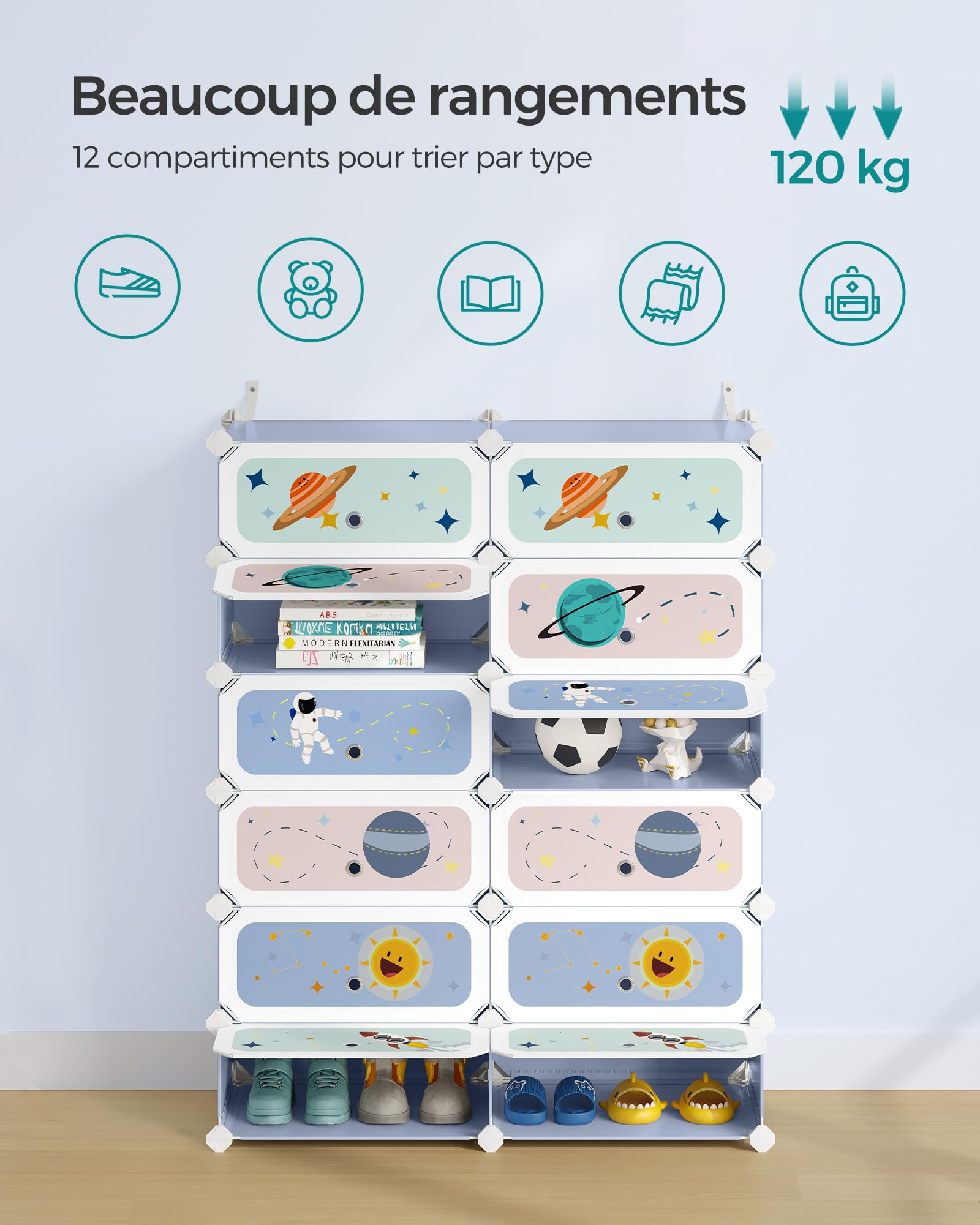 SONGMICS Étagère à Chaussures Modulable Enfants, Meuble de Rangement 12 Emplacements, Armoire avec Étagères en Plastique, Organisateur avec Portes, 31 x 81 x 106 cm, Bleu Clair LPC907Q01