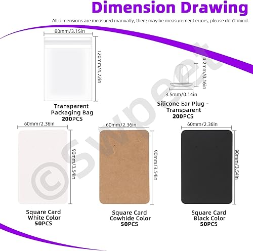 Miniatura 2 de Swpeet Juego de 550 tarjetas de exhibición de aretes de 3 colores, 3.5 x 2.4 pulgadas, papel kraft cuadrado blanco y negro, tarjetas con parte