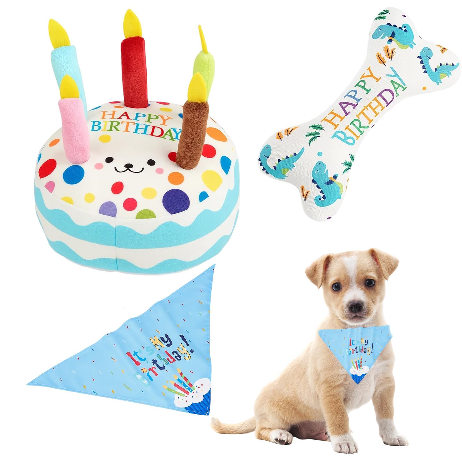 WaaRiuQ Dog Birthday Cake Toy Set, 3 Piece Plush Dog Birthday Gifts for Small Medium Dogs, Birthday Cake and Bone with Bandana for Celebration, Chew Toys for Teeth Cleaning and Stress Relief