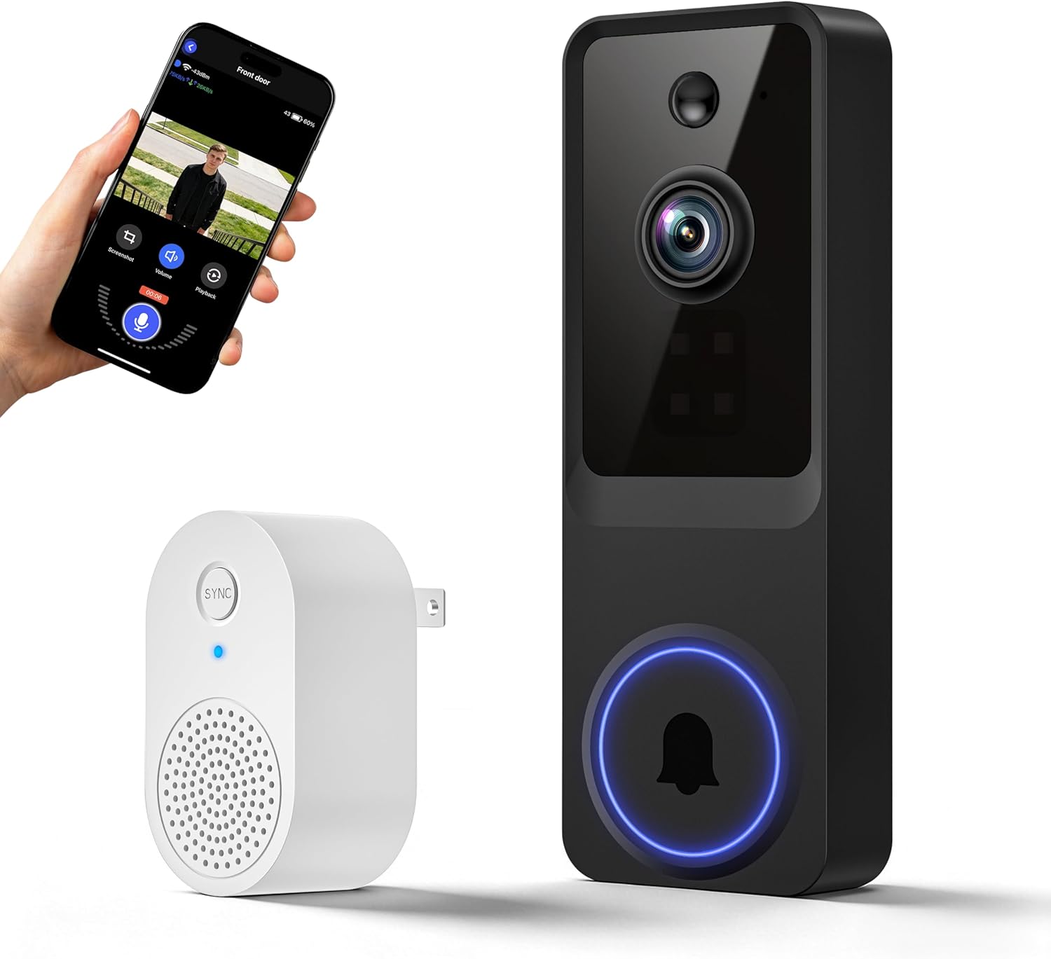 Wireless Smart Doorbell Camera, 1080P Video Resolutions, HD Live Image, AI Human Detection, Instant Alert, 2.4GHz Wi-Fi, Two- Way Audio, Night Vision, Cloud Storage,(Excluding Receiver)