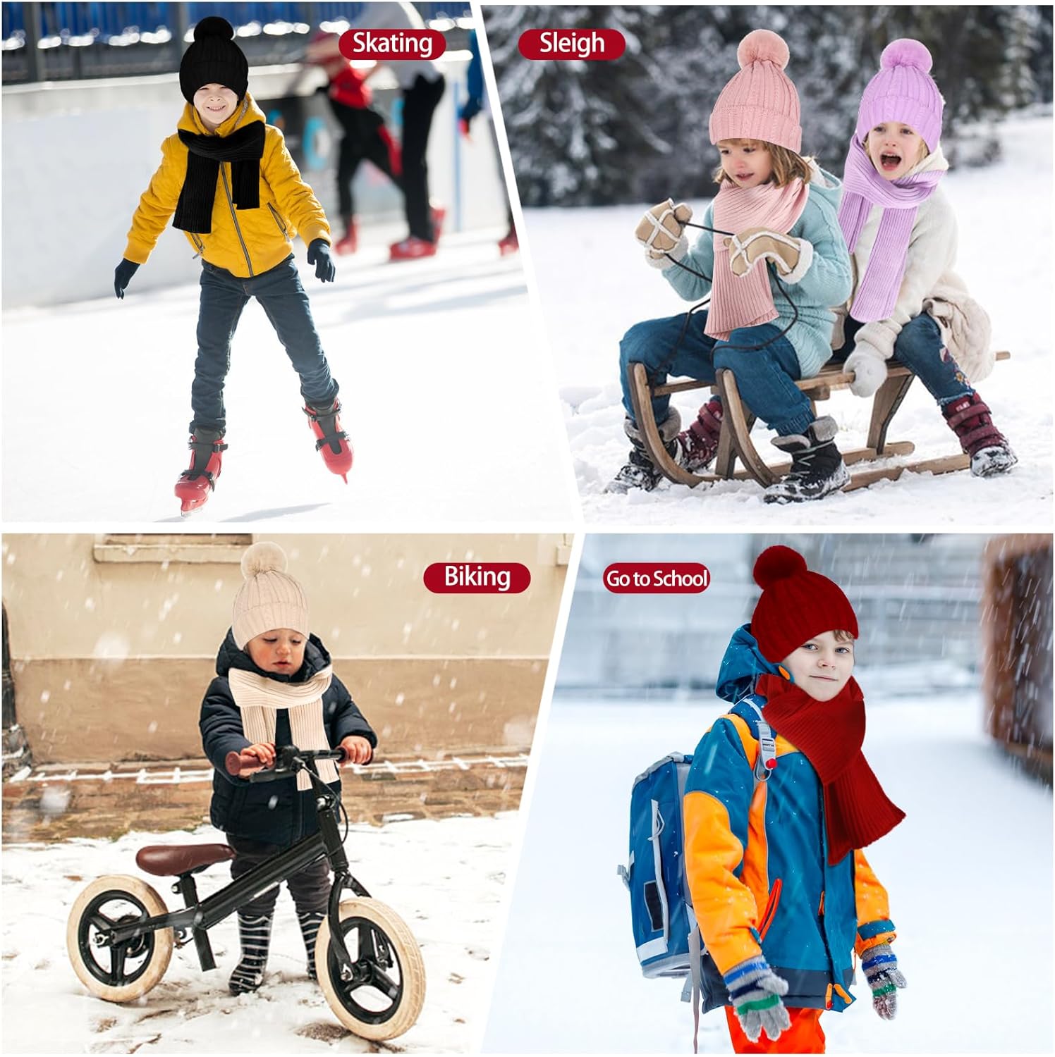 Kids Winter Hat Gloves Scarf Set Winter Knit Beanie Cap with Pompom Scarf Gloves Warm Set for Toddlers Boys Girls Ages 2-8 - Image 4