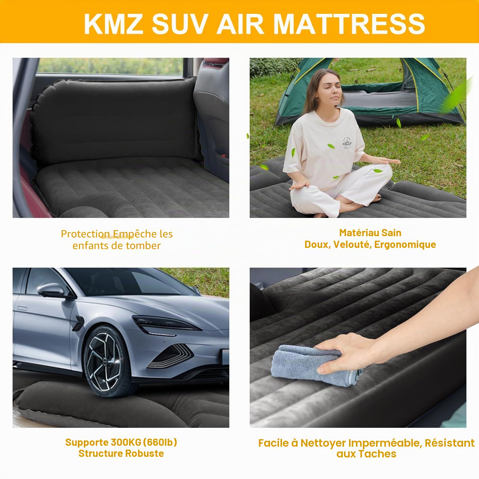 KMZ Matelas gonflable pour SUV épais et double face floqué avec 2 oreillers et pompe électrique Coussin mobile dédié pour coffre de SUV et siège arrière (gris foncé)