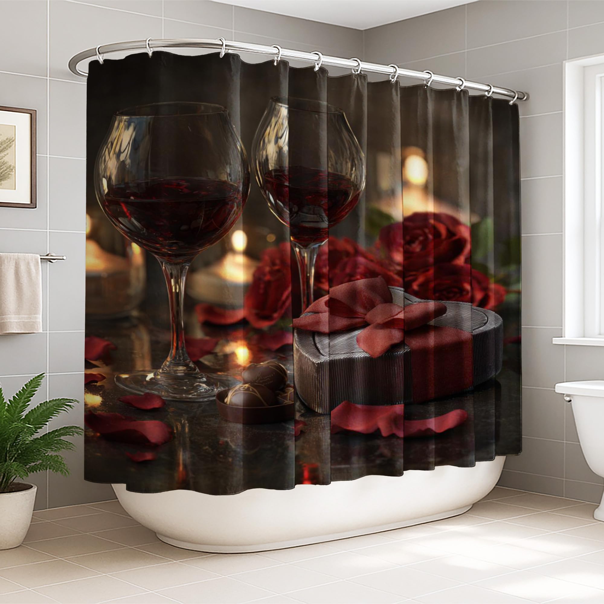 Rideau de douche élégant motif roses rouges et finitions chocolat