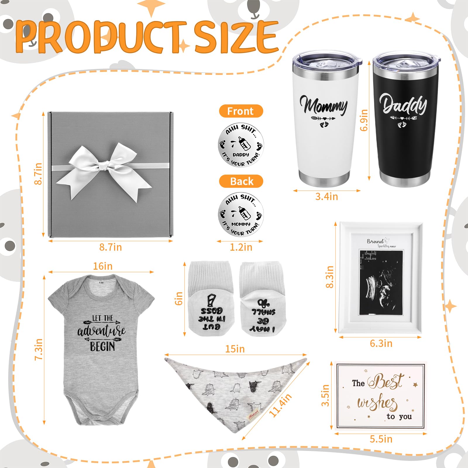 Chuarry 10 Pcs Pregnancy Gifts for New Parents New Mom Women Gender Reveal Gifts Baby Shower 20oz Mom and Dad Tumblers Frame Unisex Jumpsuit for First Time Parents Gift Supplies (Classic, Gray)