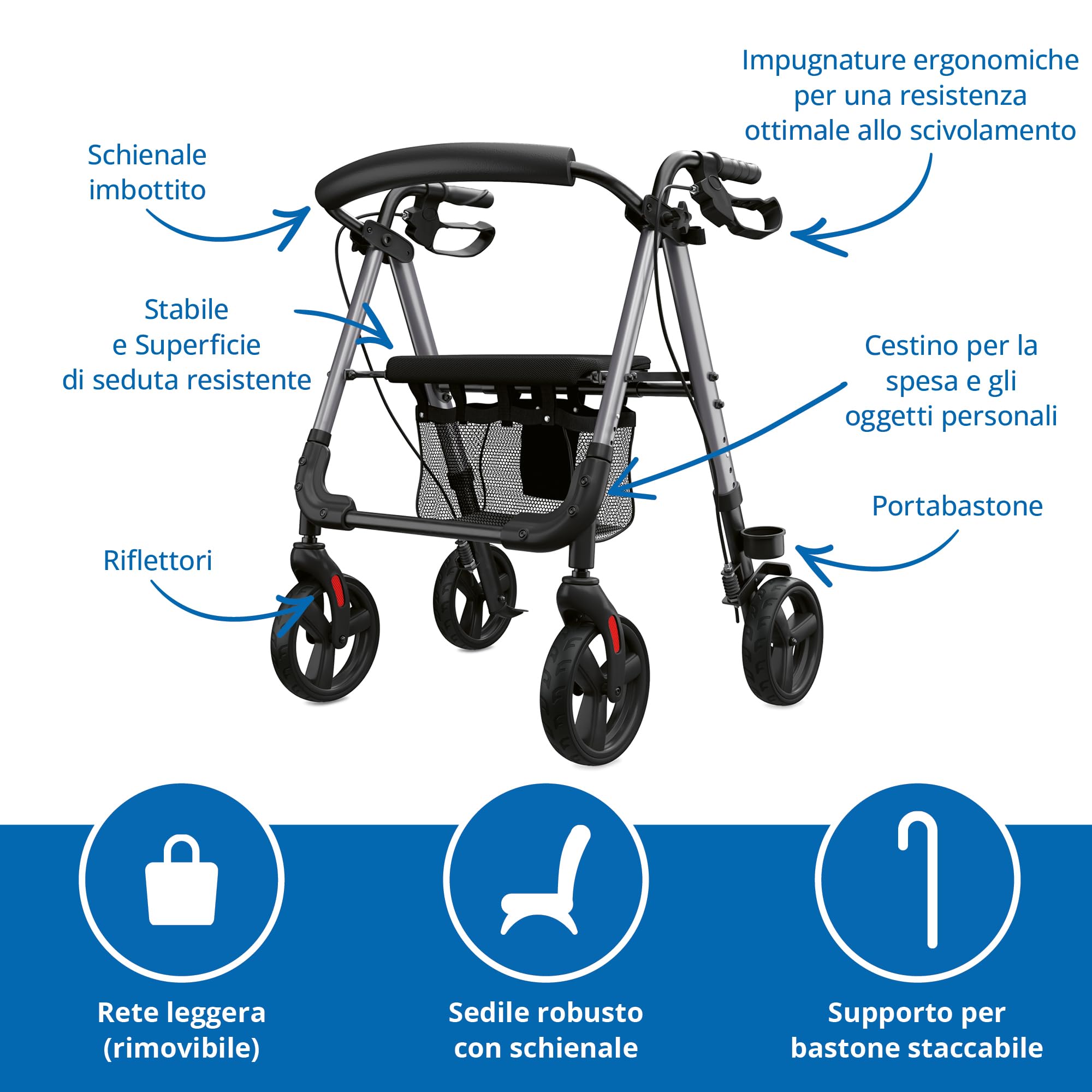Deambulatore leggero e regolabile, 6,2 kg, seduta imbottita con schienale, rete e supporto per bastone, pieghevole, maniglie e seduta regolabili in altezza in 4 posizioni, carrello da passeggio da