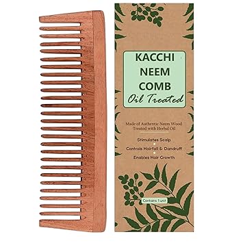 1pc Kacchi Neem Wooden Comb - Soaked In 17 Herbs, Neem & Sesame Oil For Multi-Actions - Detangling, Frizz Control & Shine Suited For All Hair Types