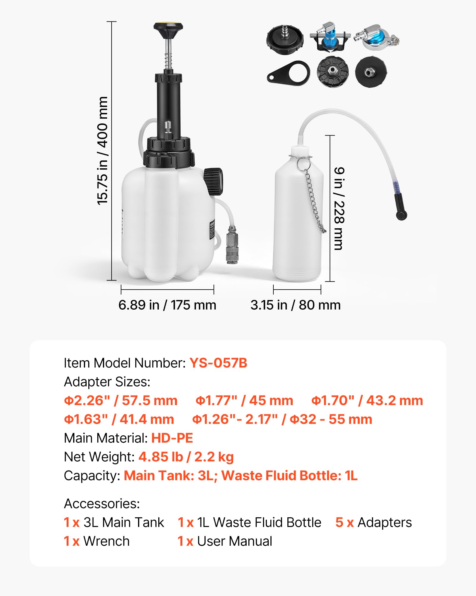 VEVOR Purgador de Frenos Manual 3 L, Kit de Purga de Frenos con 5 Adaptadores para Cilindro Maestro, Botella de Residuos de 1 L, Cambio de Líquido del Vehículo, Compatible con Mayoría de Vehículos