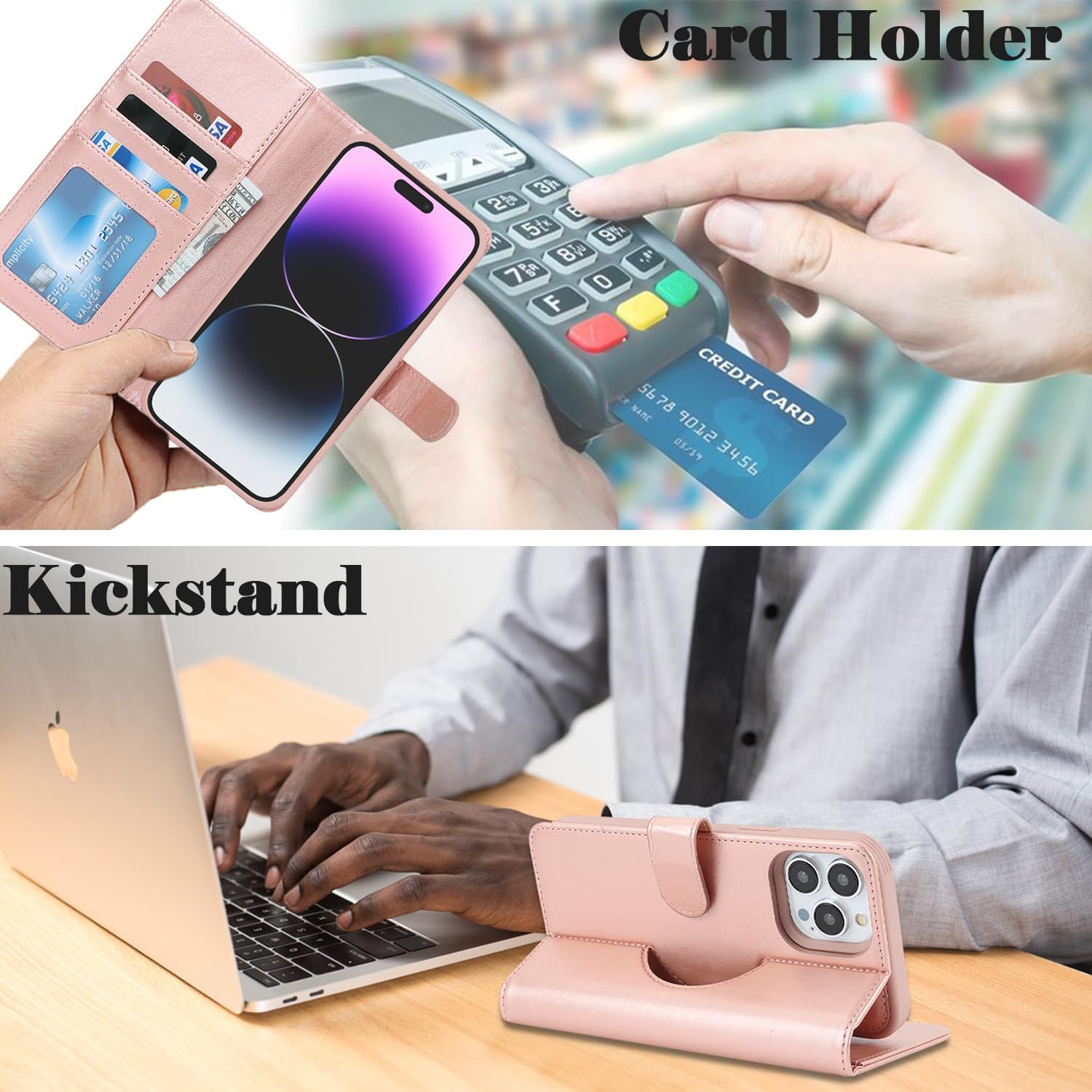 Ｈａｖａｙａ for iPhone 14 Pro Case Wallet Magsafe Compatible 2 in 1 Detachable with Card Holder Pu Leather Flip Folio Credit Card Slots Stand Magnetic Shockproof Phone Cover (6.1")-Rose Gold