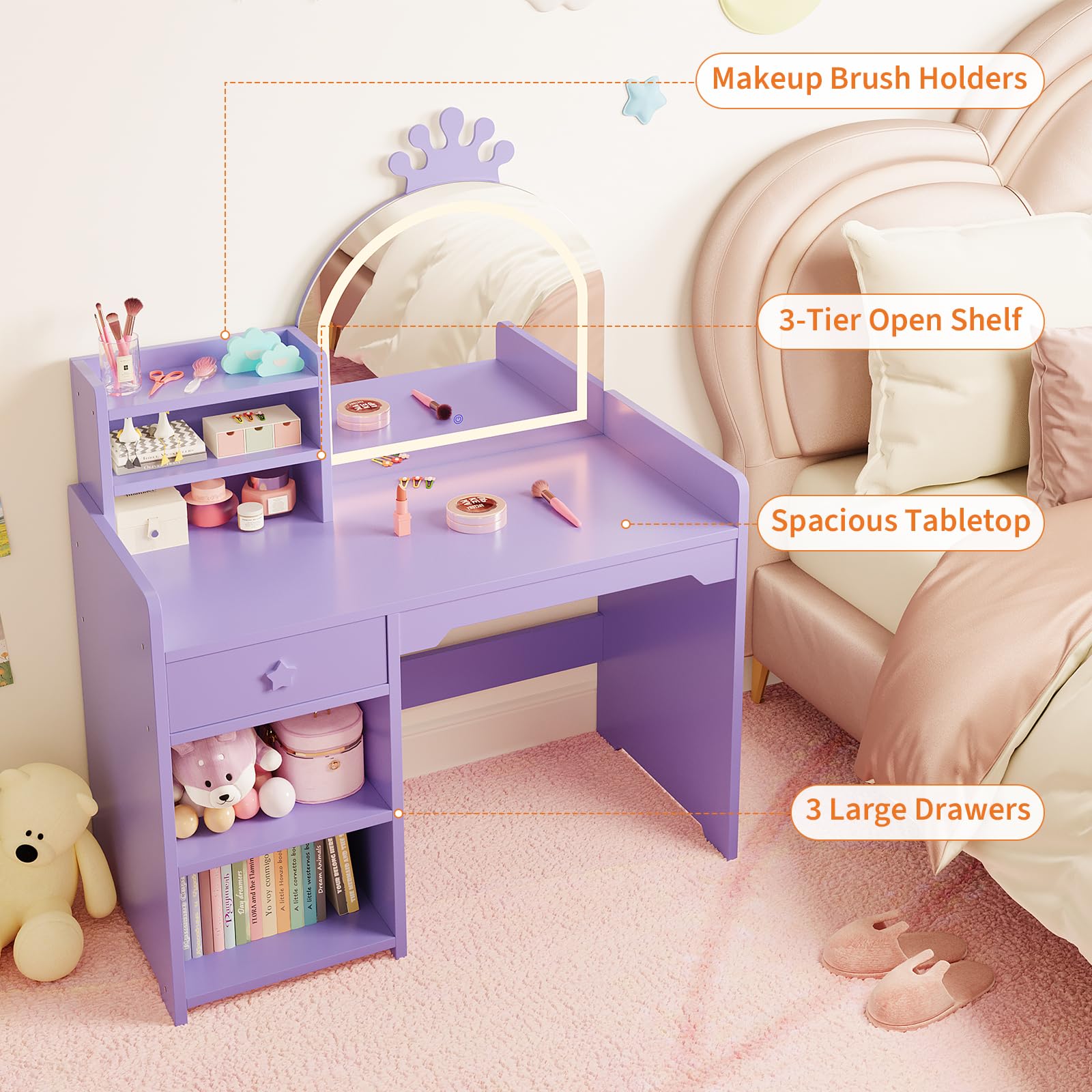 Zstar 3-in-1 Kinder Schminktisch Set, Schminkkommode Mit LED-Leuchten | Offenes Bücherregal&Aufbewahrung, Frisiertisch Für Mädchenzimmer, Ink. Hocker&Spiegel