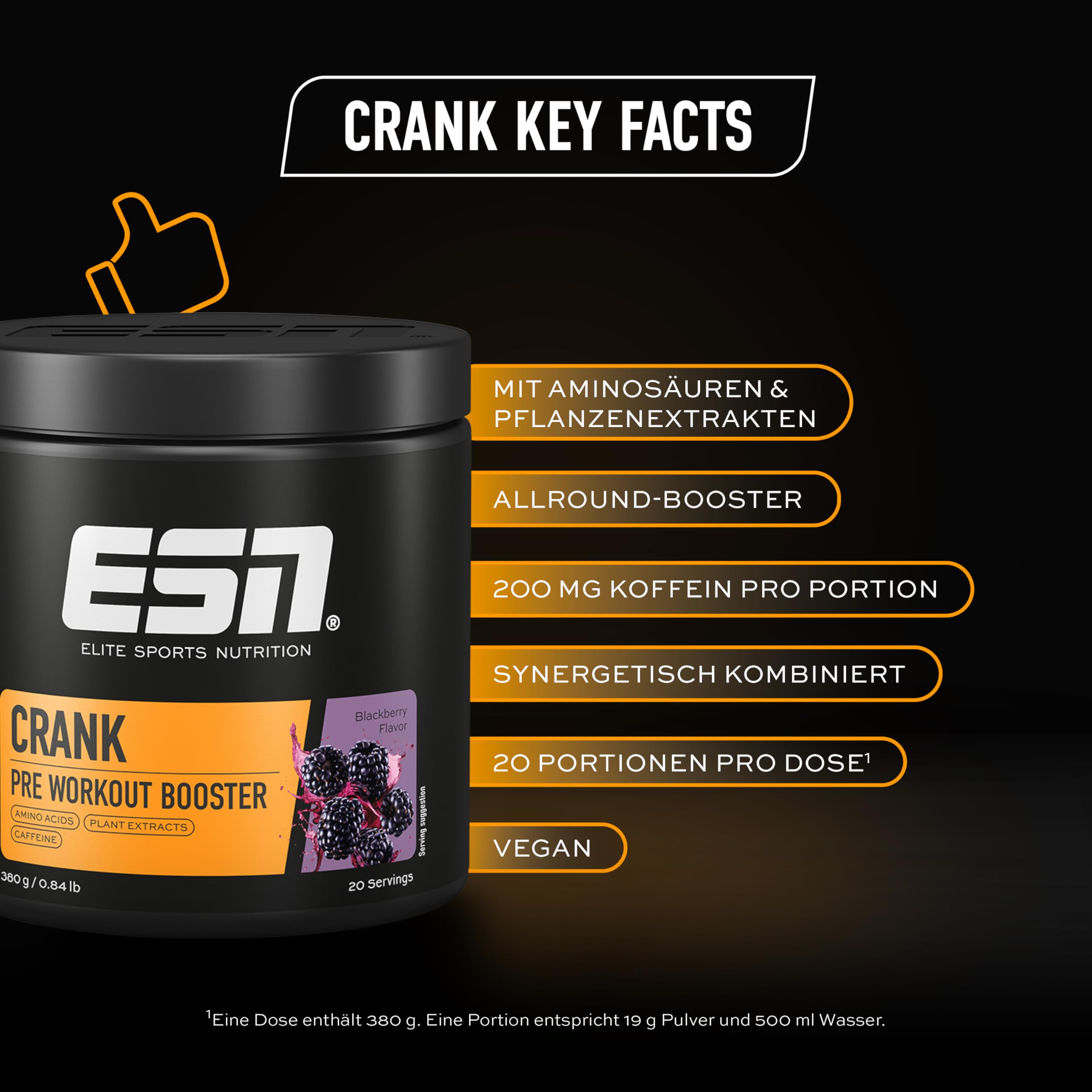 ESN Crank, Blackberry, 380g, Pre Workout Booster mit Koffein, vegan - made in Germany
