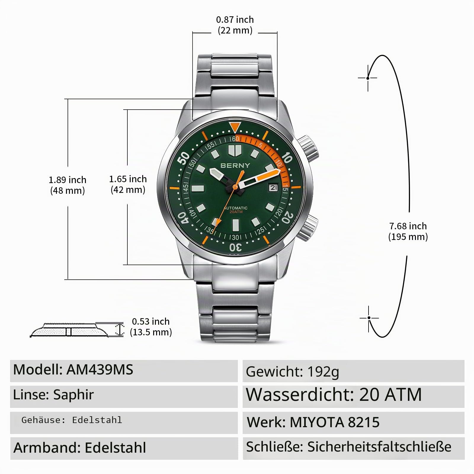 BERNY Automatische Uhr für Männer Taucheruhr 20ATM Mechanische Armbanduhr Saphirglas Bequeme Edelstahl Uhrenarmband Super leuchtende Männeruhren