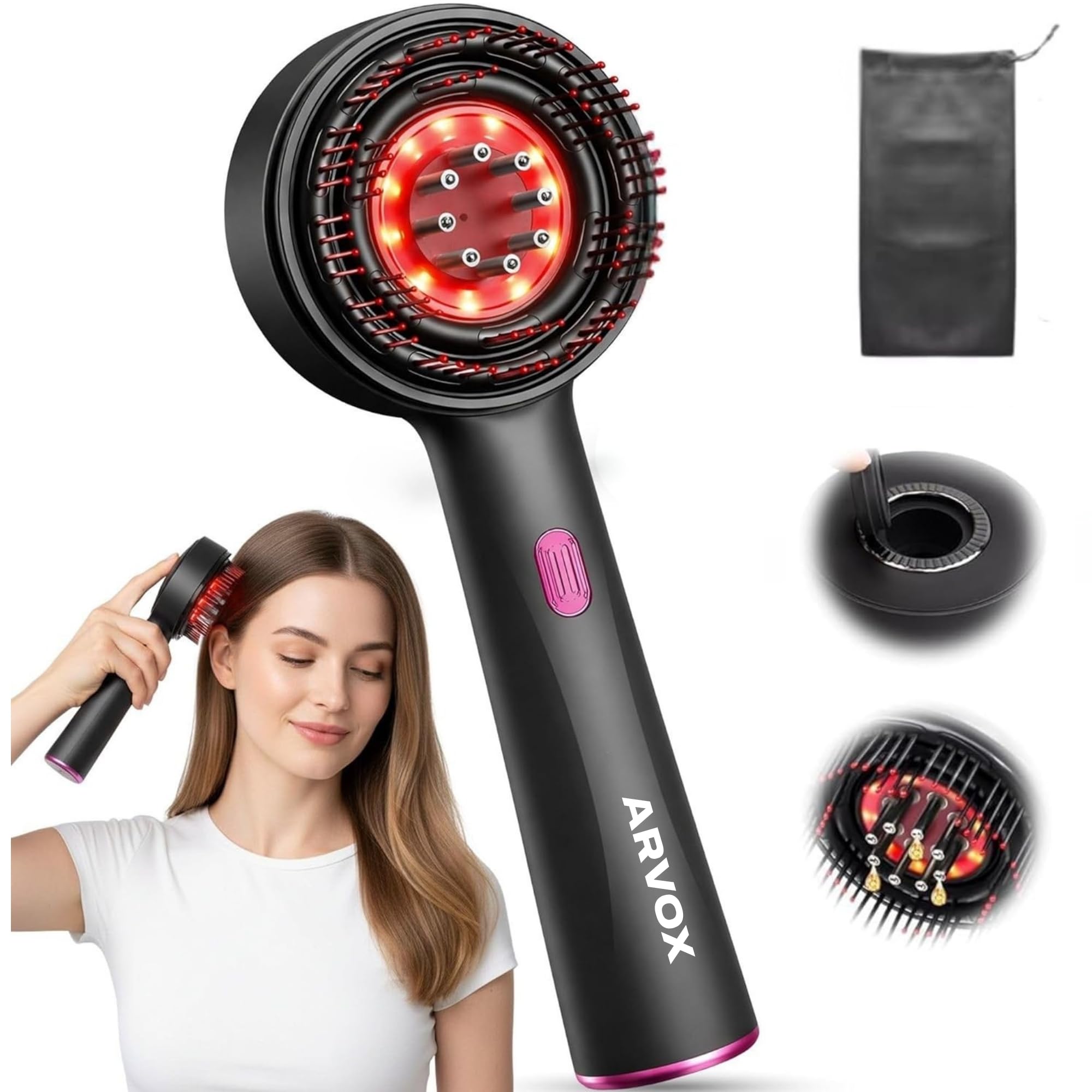 Arvox Oil Applicator Comb|Red Led Light Therapy |Boost Hair Growth| Reduce Dandruff | Relieve Stress |High Vibration Corded Electric Scalp/Head Massager | 6 ML Oil Tank | 3 Hr Run-Time| Type-C Black-image-19