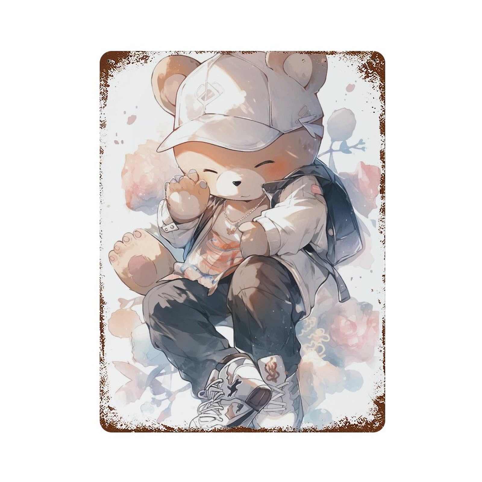 Garage Style Stylish Teddy Bear Art Print Rusty Metal Tin Sign 15.7"x11.8", Classic Wall Plaque for Bar And Workshop