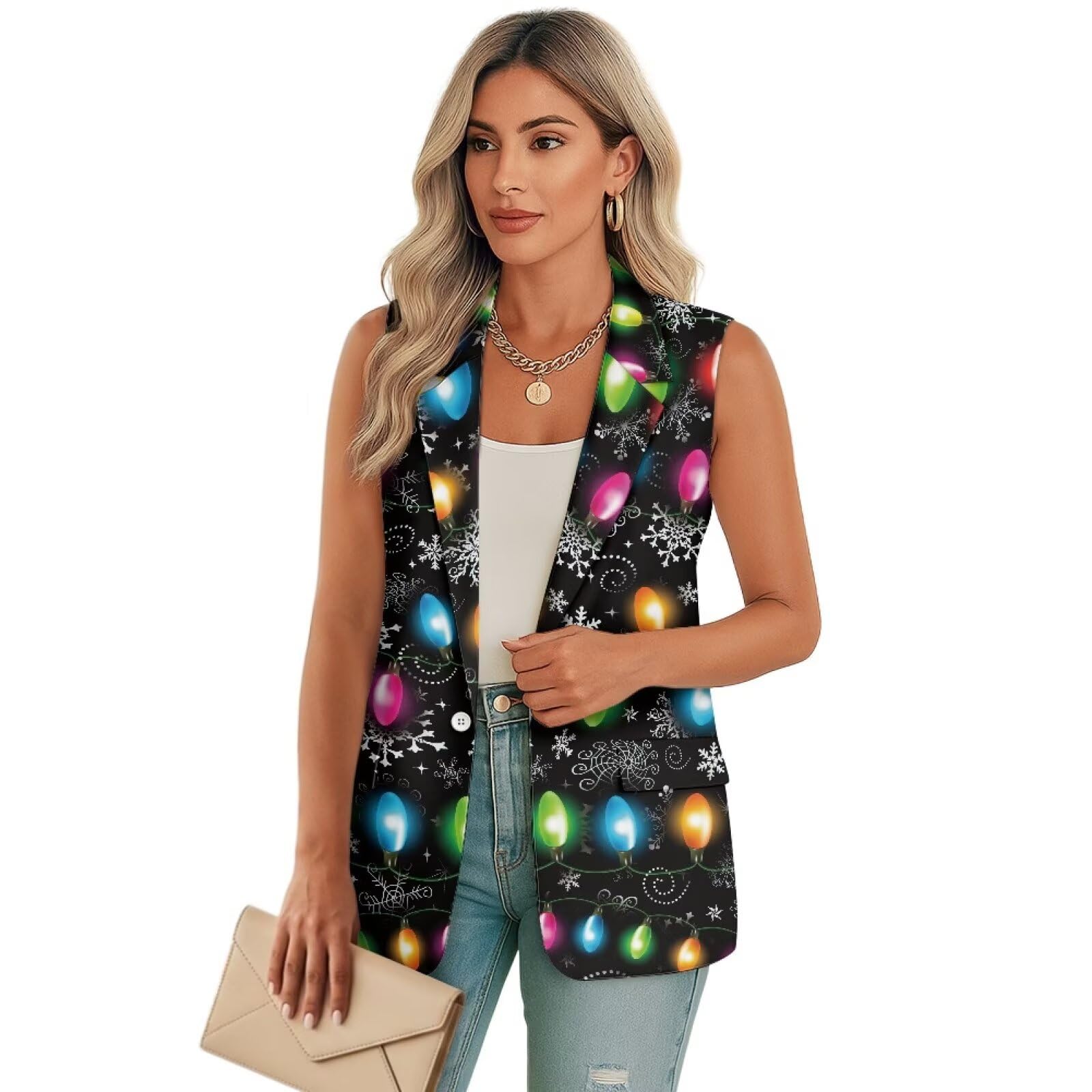 Women Sleeveless Suit Vest Trendy Loose V Neck 1 Button Waistcoat with Pocket Lightweight Vest Jacket Tank Tops