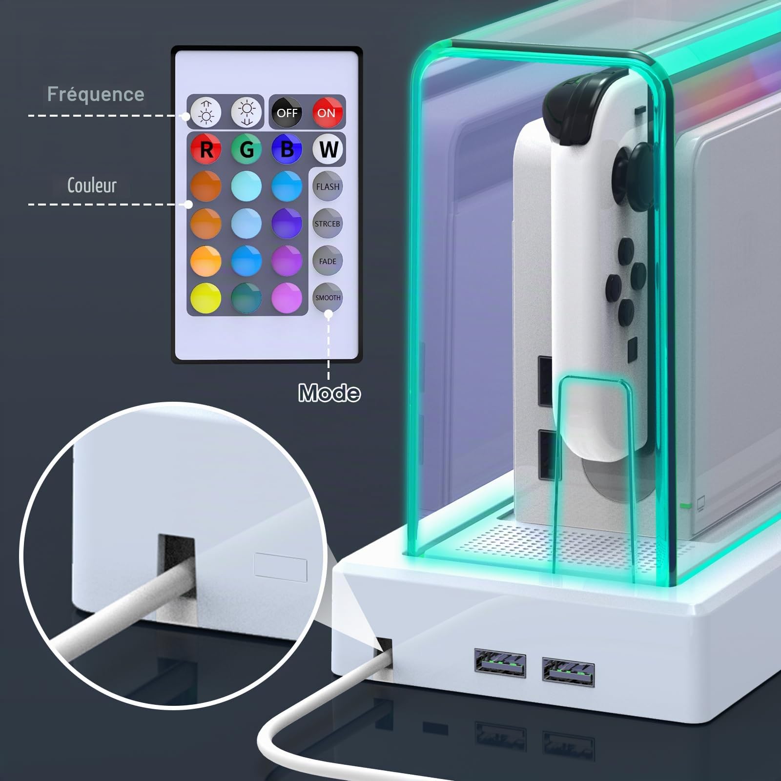 Mooroer Anti Poussière Housse Dock Coque Étui de Protection pour Accessoire Nintendo Switch/Switch OLED avec 16 Couleurs LED Lumière,Résistant Poussière ave Rayures