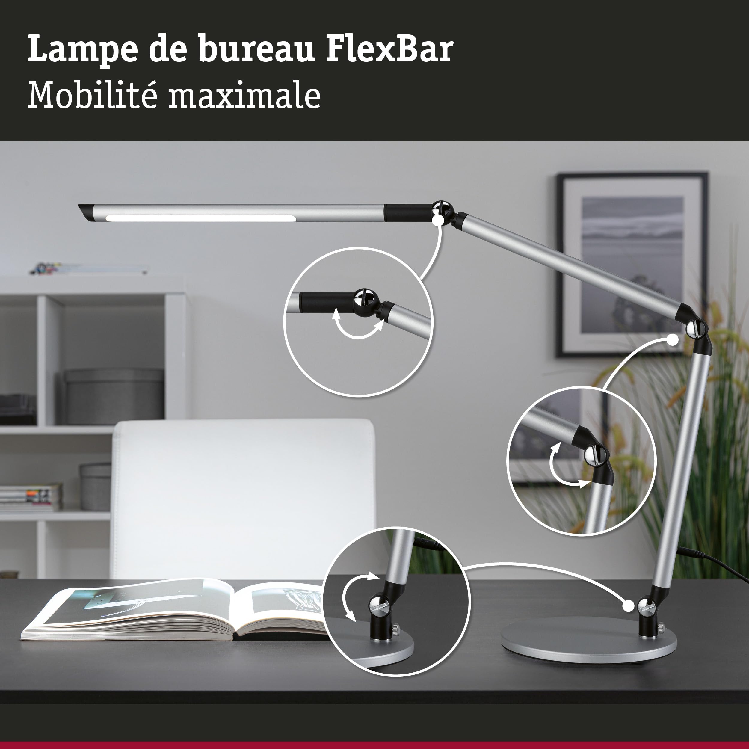 Paulmann 79562 Lampe de bureau LED 3-Step-Dim FlexBar White Switch 700lm 9,5W Argent mat