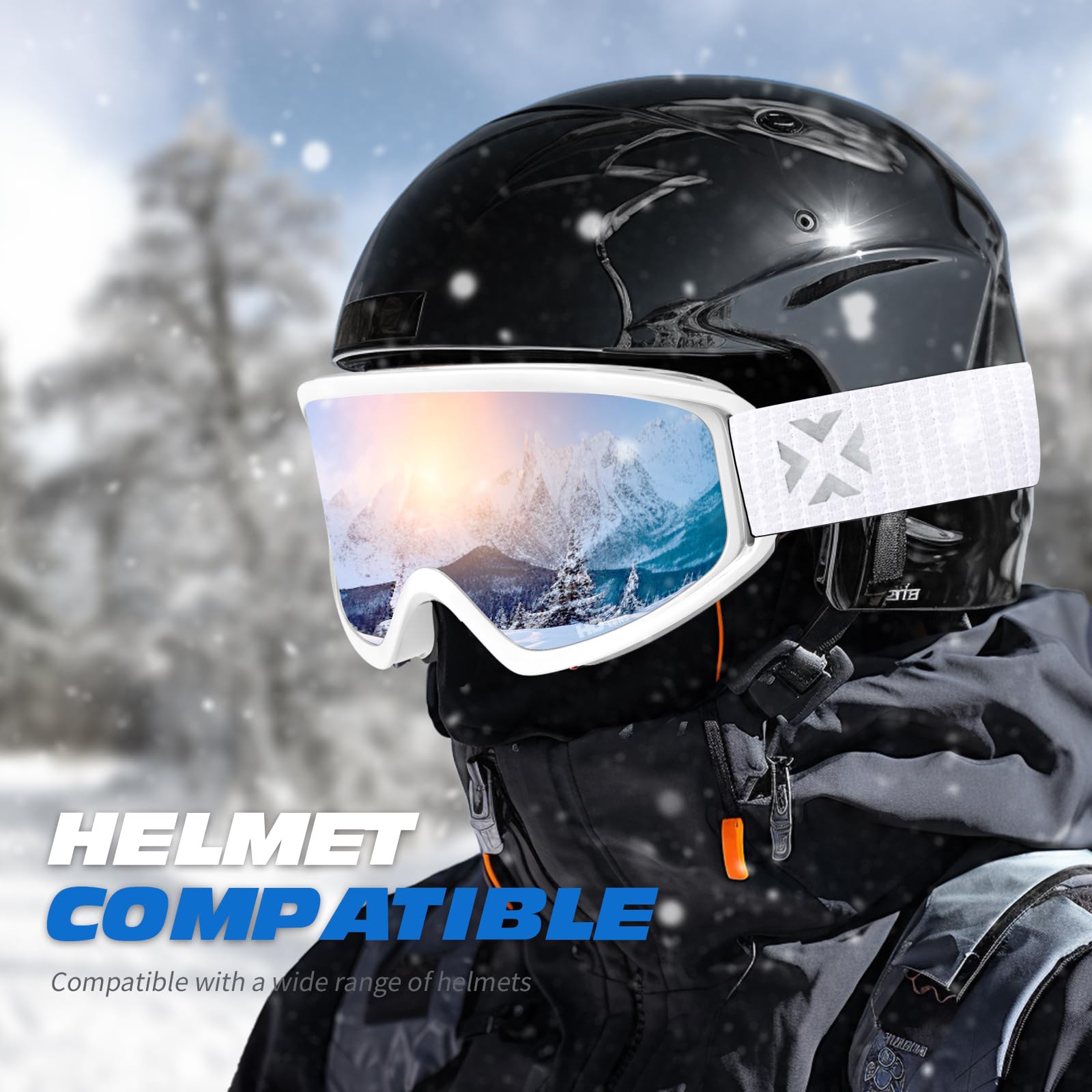 MAXJULI Ski Goggles Snow Snowboard Goggles for Men Women Anti-Fog HD Lens M7 (White Frame&Strap+10.48% VLT Silver Len)