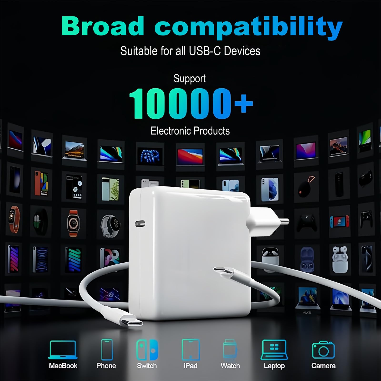 AILKIN Caricatore USB C 96W per MacBook Pro 16, 15, 14, 13" 2024, 2023, 2022, 2021, M3 M2 M1 MacBook Air, adattatore di alimentazione USB-C per computer portatile, con cavo 6.6ft 5A