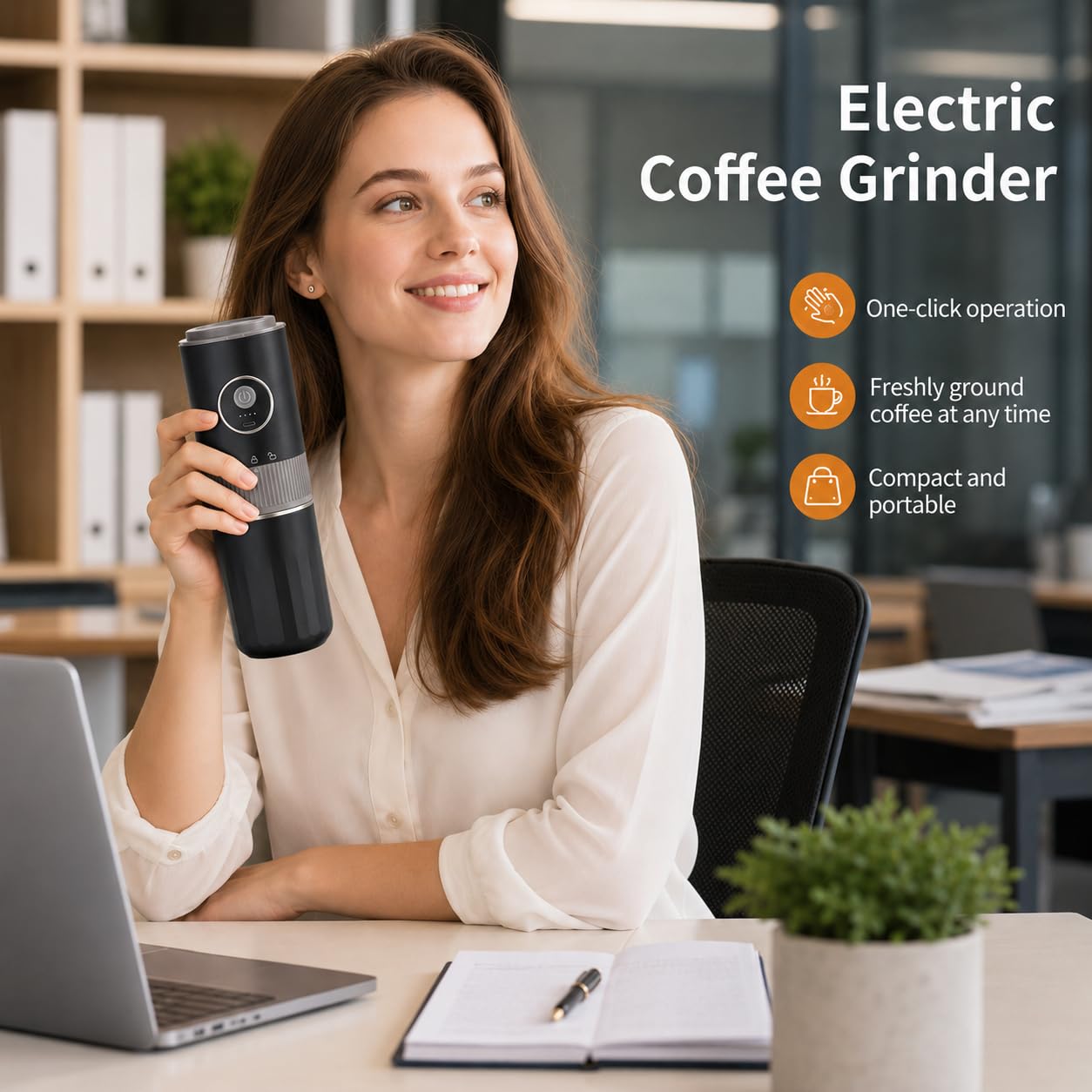 Molinillo de café eléctrico portátil 2 en 1 y kit de cafetera con batería recargable, incluye taza de viaje de acero inoxidable, para camping, viajes, oficina, uso doméstico (negro)