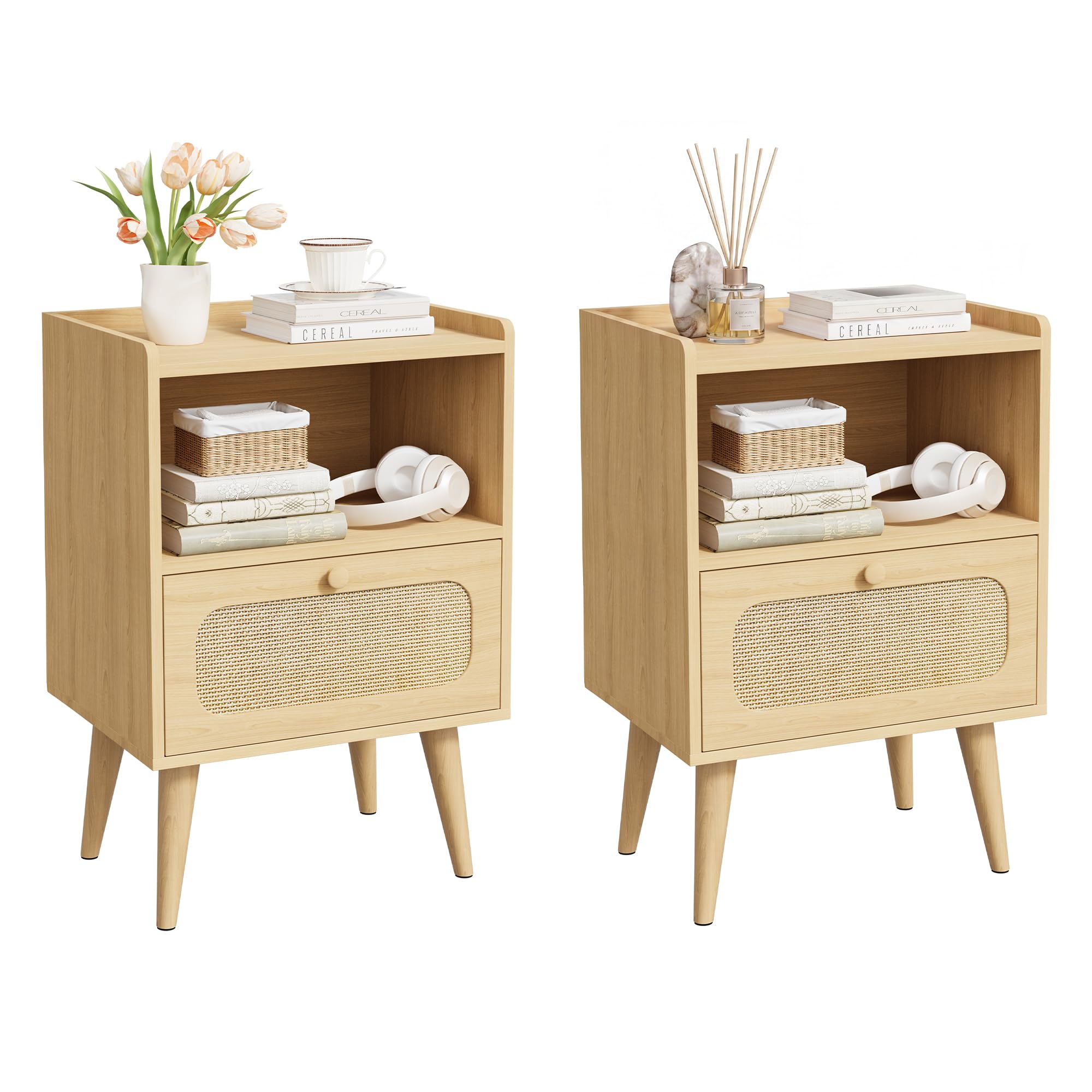 YOUDENOVA Nachttisch Holz 2er Set, Kleine Nachtschrank mit Schublade und offenem Fach, Beistelltisch Couchtisch für Wohnzimmer, Schlafzimmer, 40 x 30 x 57,5 cm Landhaus Boho Stil, Natur