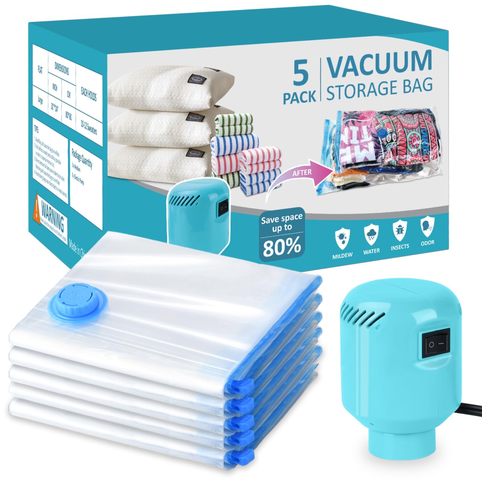 Morecoo 5 Pack Vacuum Storage Bags with Electric Pump, Large Vacuum Seal Bags for Clothing, Comforters, Blankets - Space Saver Compression Bags for Travel & Home Organization