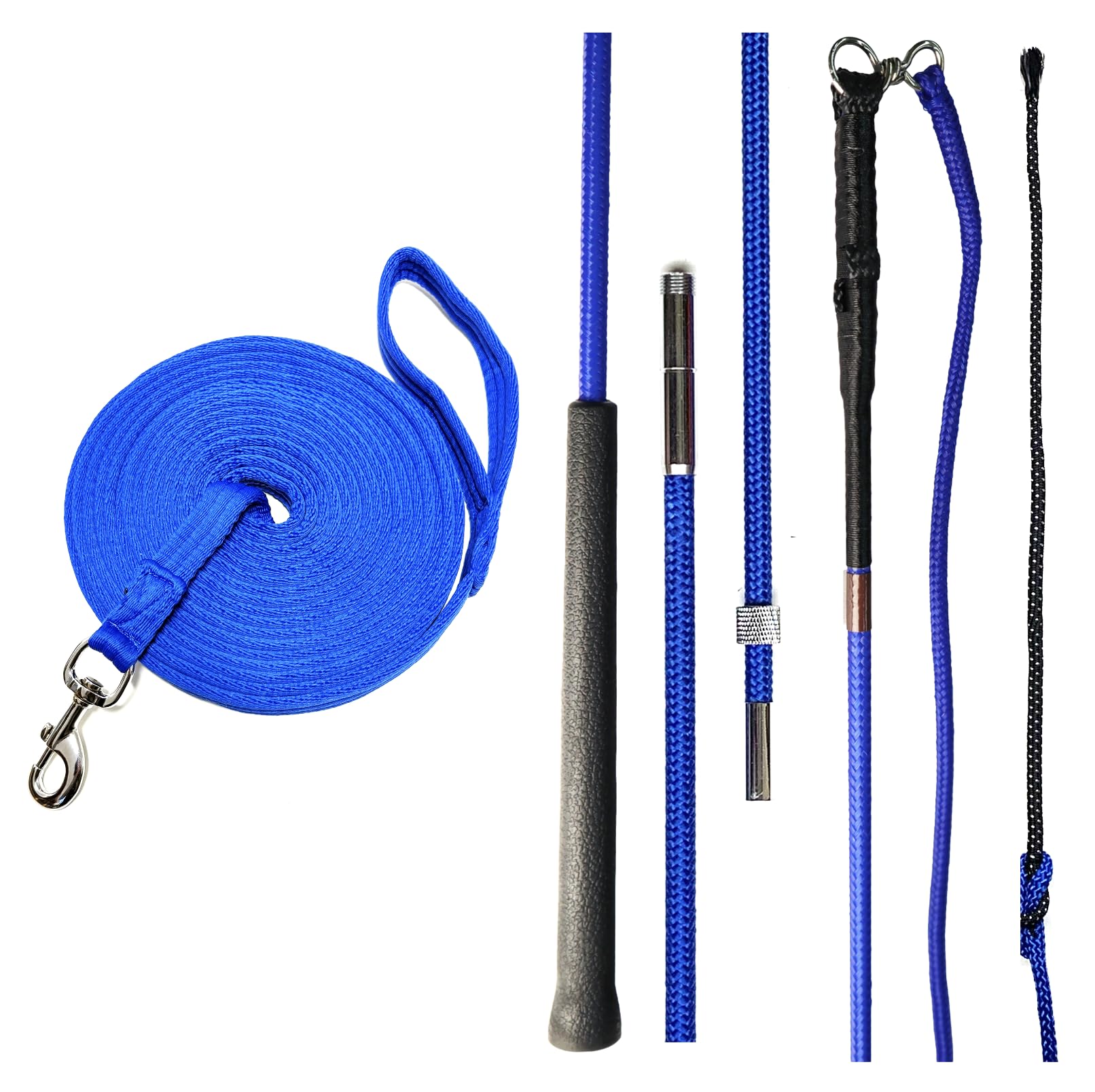 JA0041 Longier-Set – Longierpeitsche Longierpeitsche teilbar 180/200 cm & Longierleine Longe Leine Pferdelonge 8 m zerlegbar extra weich, inkl. Tasche (Royalblau, 200 cm)