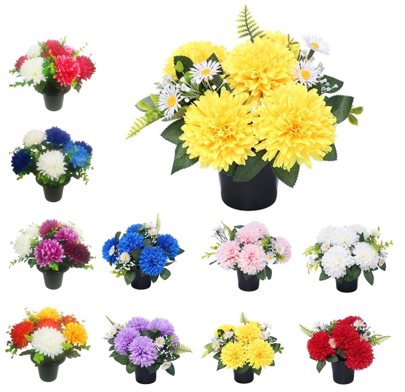 Mr. Barry's 25cm Chrysanthemum Grave Flower Pots | Artificial Flowers For Graves | Cemetery Funeral & Floral Decorations | Grave Flowers Quality (Yellow/Orange Chrysanthemum & Daisy)