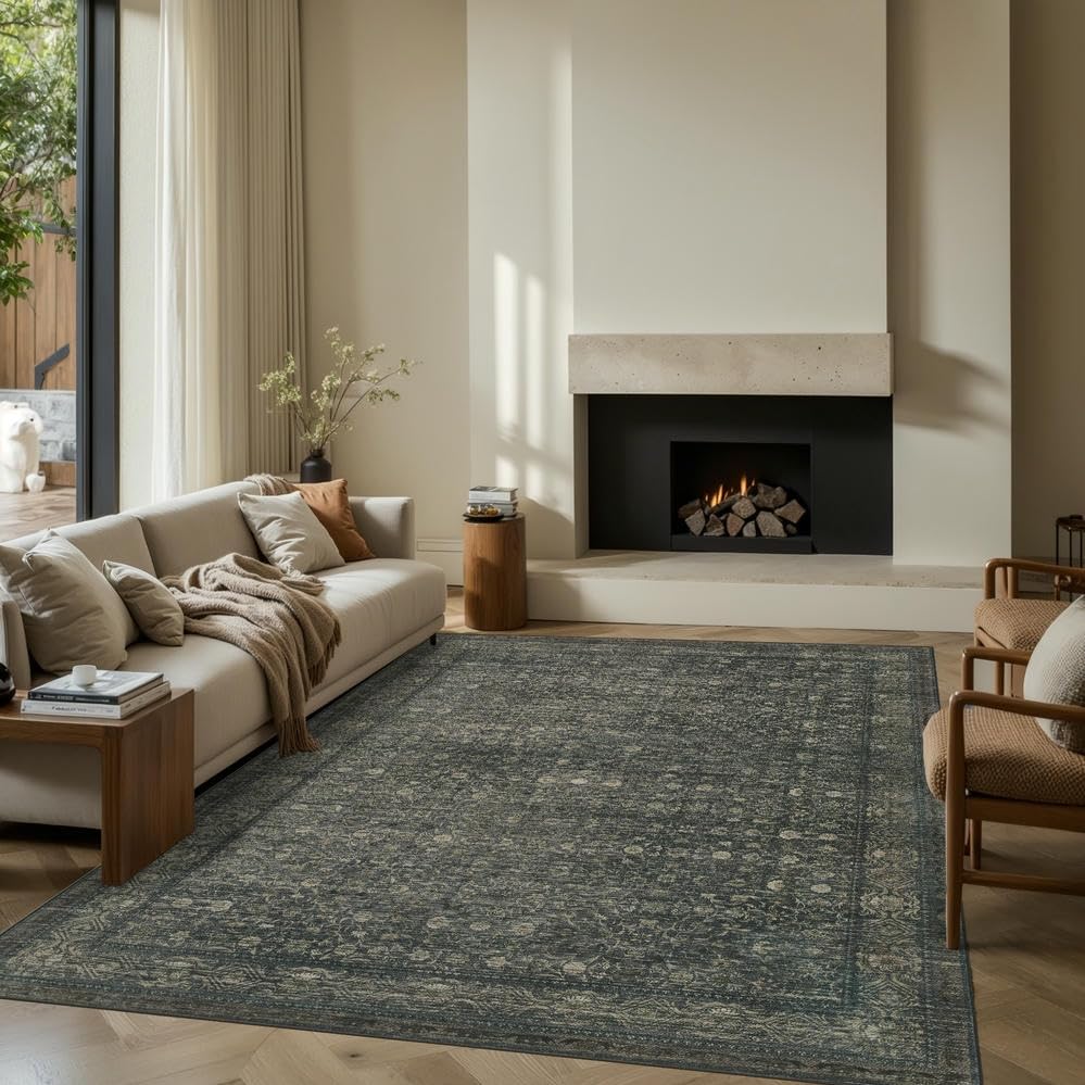 Vintage Area Rugs 5x7, Washable Rugs for Living Room, Green Boho Floral Rug for Office, Dining Room and Farmhouse, Durable Low Pile Non-Slip Area Rug