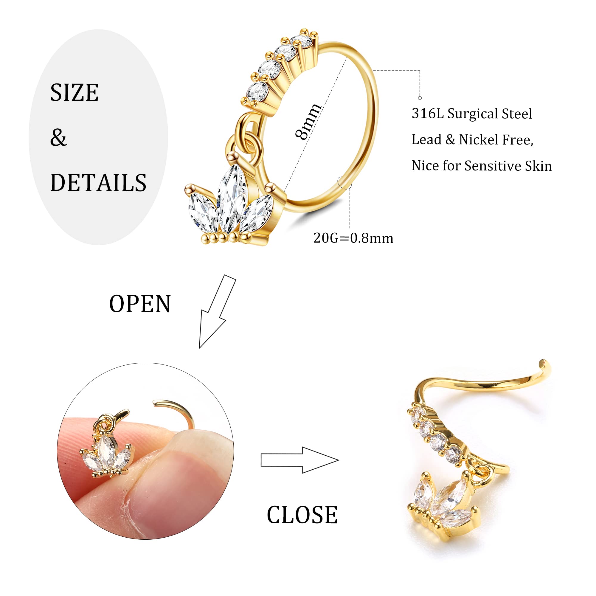 ZXLIHS 20 szt. 20G zwisają kolczyki w nosie dla kobiet-motyl, serce, księżyc, kwiat, krzyż CZ obręcze-kolczyk na chrząstkę Piercing biżuteria