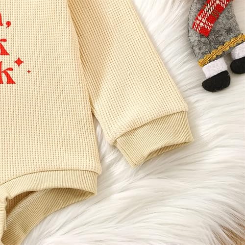 Newborn Baby Boy Girl My First Christmas Romper Long Sleeve Sweatshirt Letter Print Waffle Fall Winter Clothes (Apricot , 6-12 Months ) #TOP4