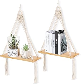 Sunkaioo Macrame Wall Hanging Shelf Set of 2,Boho Wooden Display Floating Shelves for Wall Decor with Handmade Woven Rope,Farmhouse Rustic Plant Shelf for Bedroom Dorm Nursery Living Room Bathroom