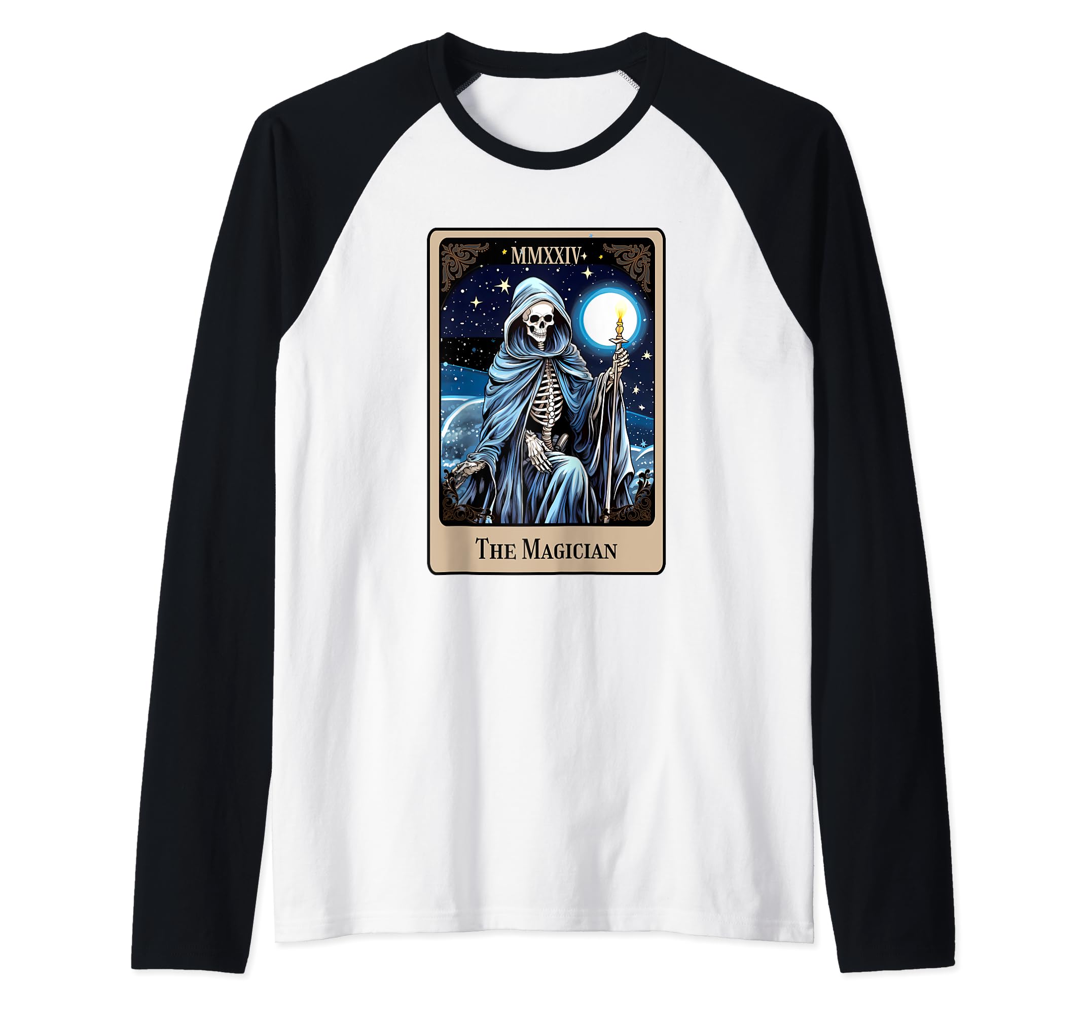 Skeleton The Magician Full Moon Tarot Card Goth Wicca Witch Raglan Baseball Tee