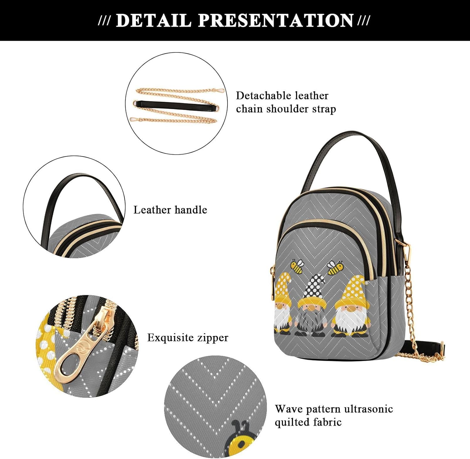 Small Cross body Bags for Women Gnome Bees Quilted Crossbody Cell Phone Shoulder Purse Handbags Wallet Detachable Chain Bag