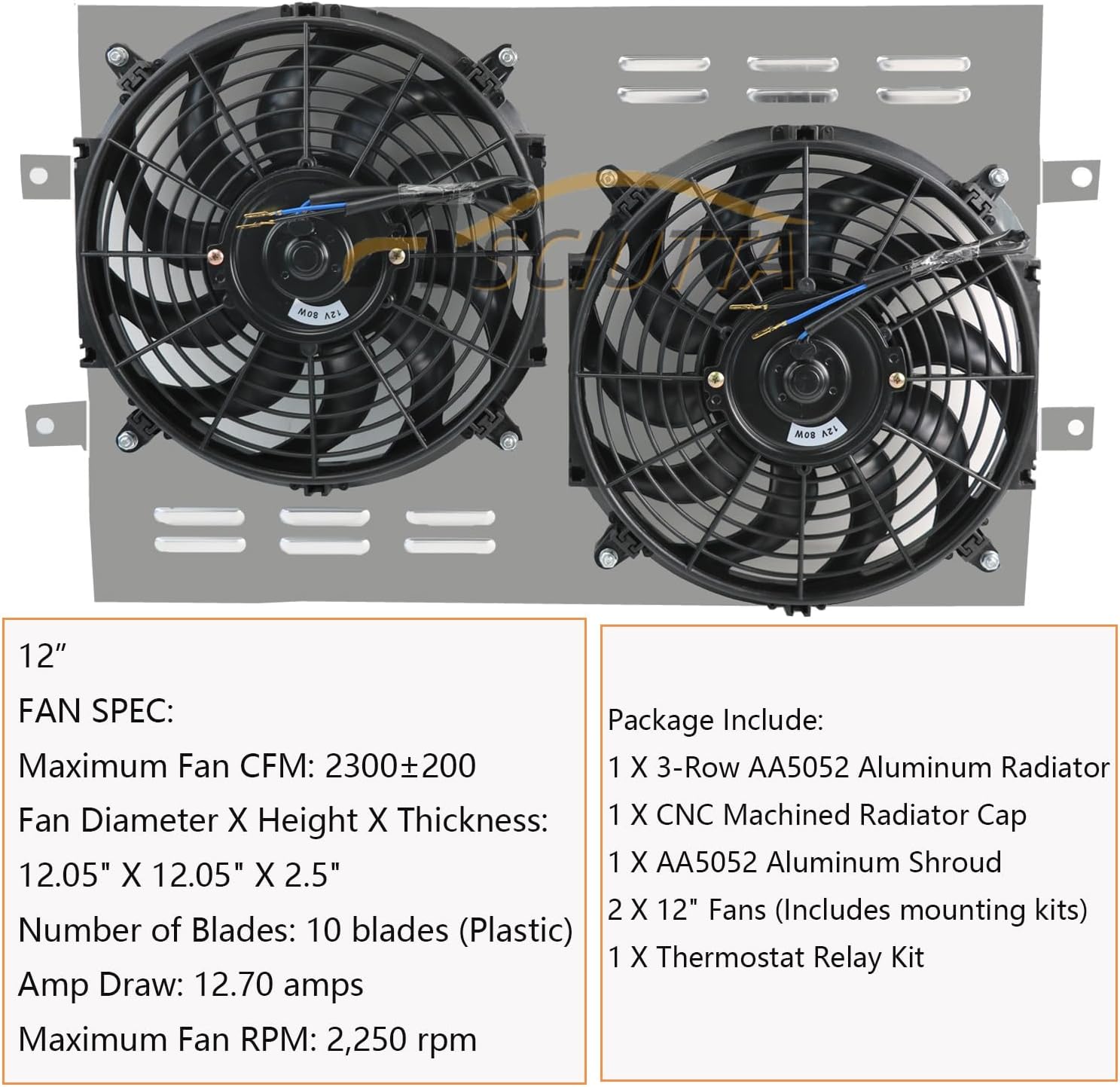 All Aluminum Radiator for Chevy Bel Air Biscayne Caprice Chevelle El Camino Impala Kingswood 1959-1968 Pickup Trucks, 3 Row Core Radiator + Shroud + Fan + Relay