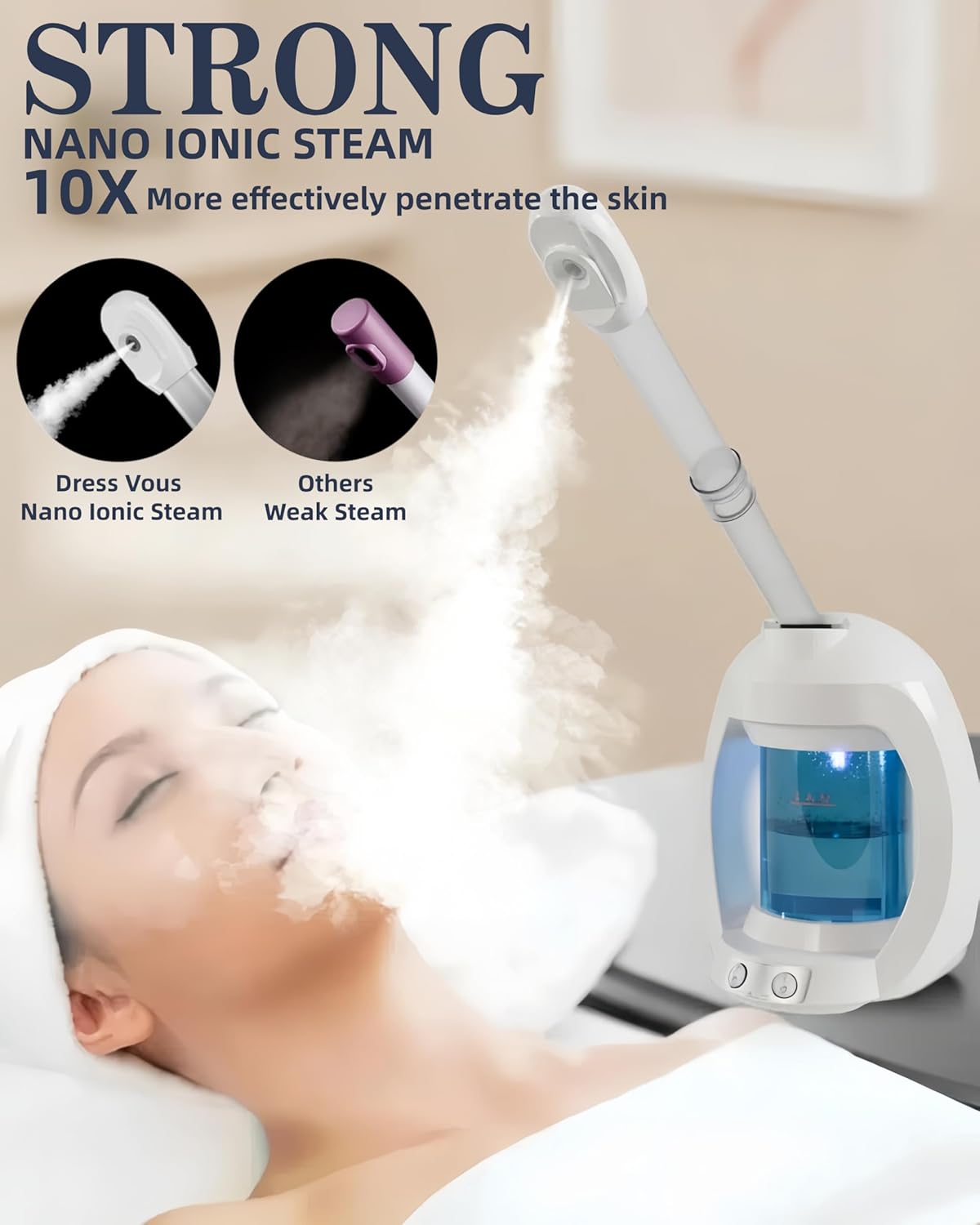 Facial Steamer, Face Steamer for Esthetician and Nano Ionic Portable Ozone Hair Steamer, Professional Facial Steamer for Home Facial Spa(White) - Image 3