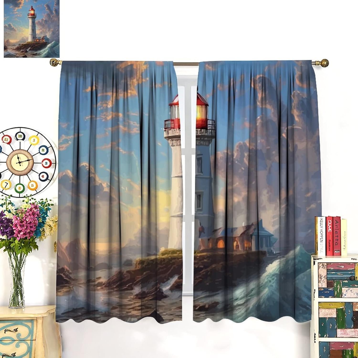 Lighthouse Curtain Oil Painting Sea Wave Lighthouse Blackout Print Rod Pocket Window Drapes for Bedroom Living Room 42x45in
