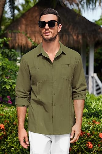 Vista 3 de Makkrom Camisa Guayabera de lino de manga larga con botones para hombre, estilo cubano, con solapa, estilo hippie, casual, para verano