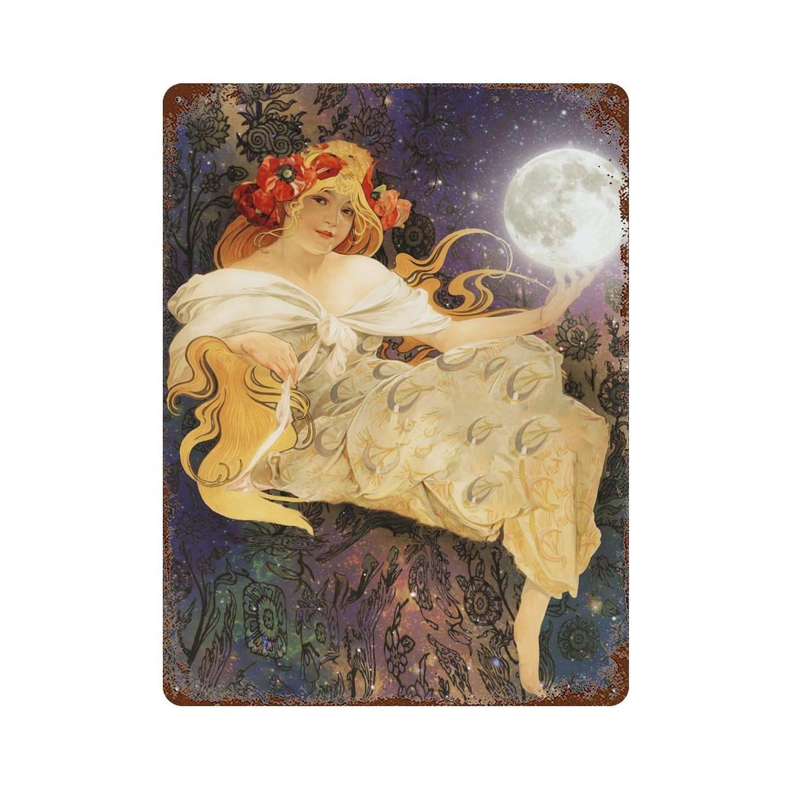 Goddess And Moon Rust Effect Tin Sign 15.7"x11.8", Old School Wall Decor for Farmhouse, Kitchen And Entryway Decor