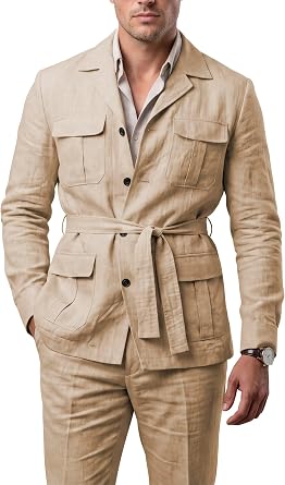 Mens Linen Safari 2 Piece Belted Suits Lightweight Blazer Pants Set | 2 Piece Suit Safari Jacket Blazer Pants Set