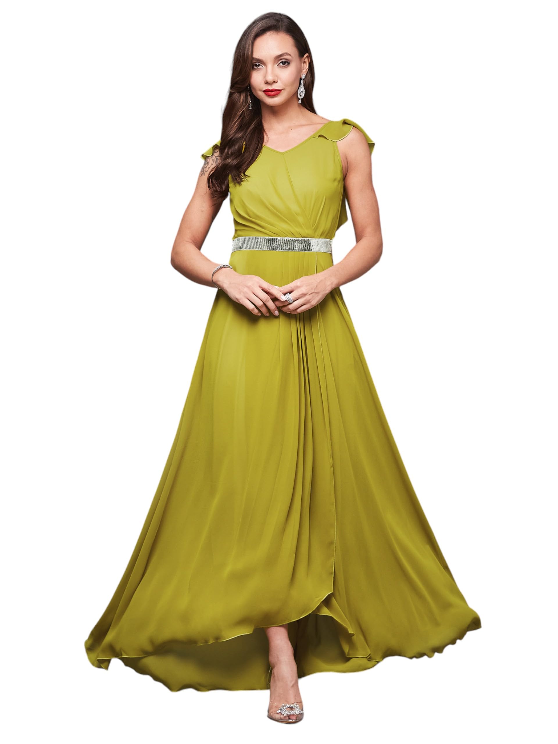 Miss Chase Women's V-Neck Ruffled Sleeve Solid Embellished Maxi Dress With Pockets (Mcaw21D06-17-311-02, Lemon Green, Xs)
