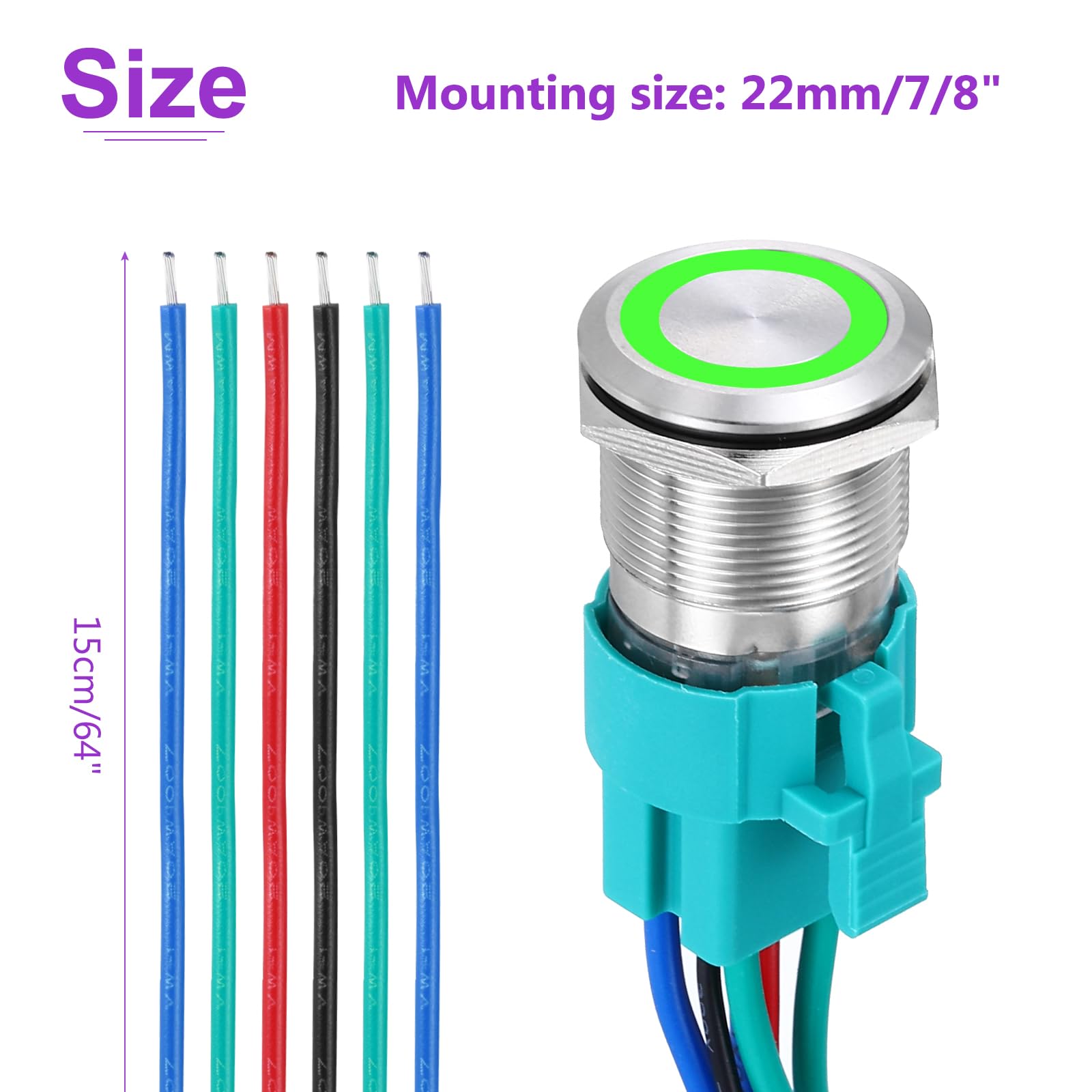 DMiotech 7/8 Inch Stainless Steel Latching Push Button Switch Flat Head 15A 12-24V Silver Shell 6 Pin with Cable Socket Green Ring LED 2NO for Car Boat Systems Custom Setups - Image 4