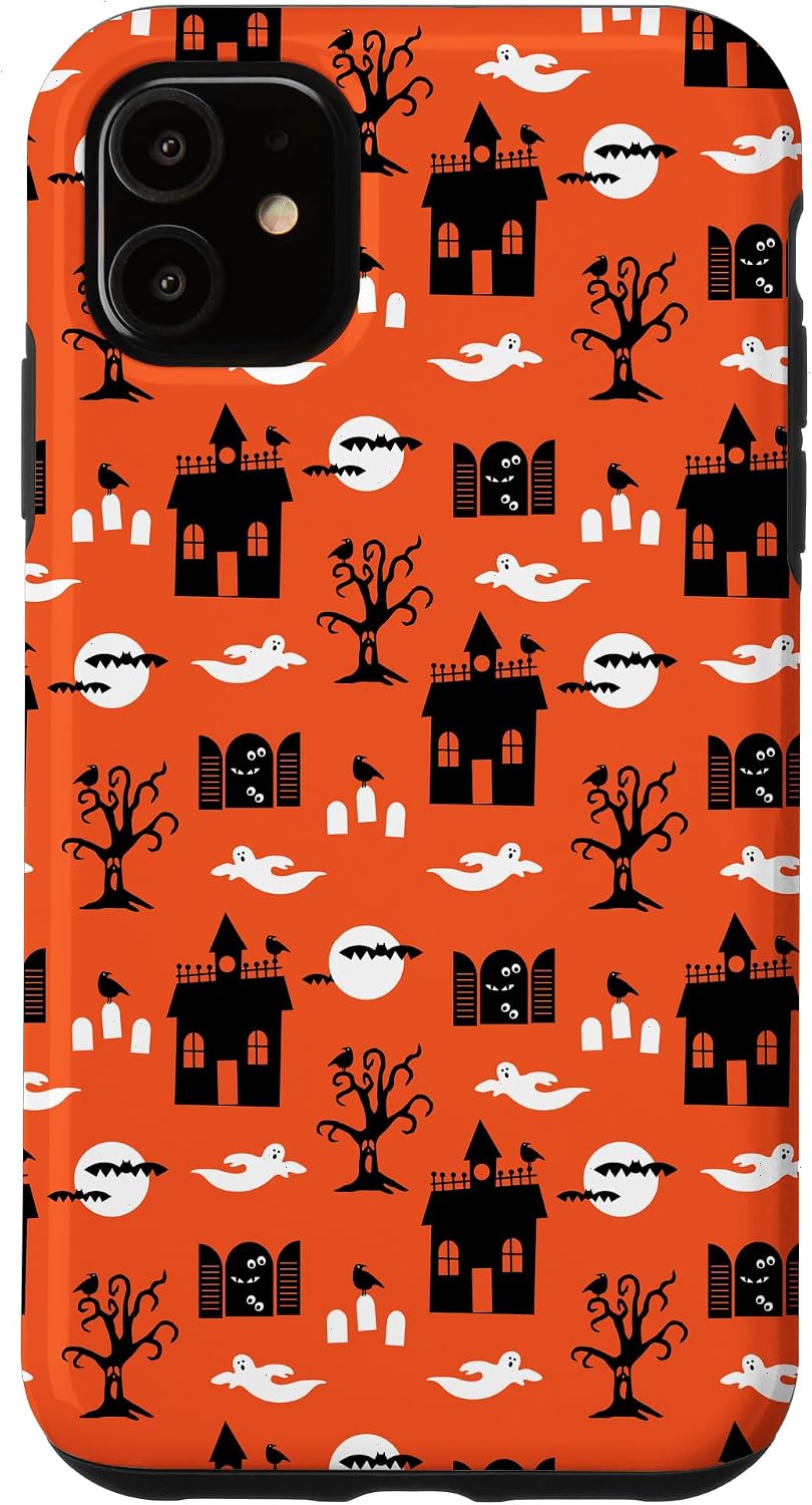iPhone 12 Pro Max House Full Moon Ghost Halloween Design Orange Phone Case