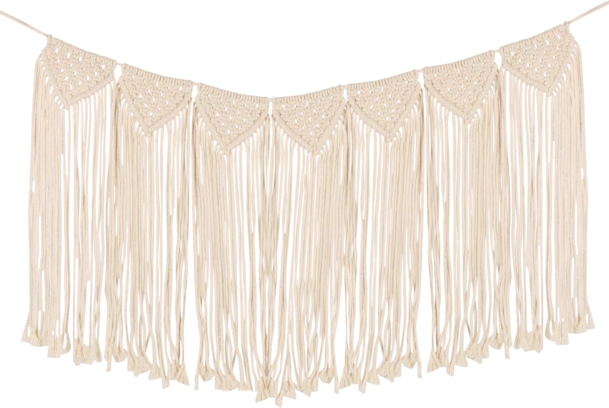 Macrame Wall Hanging Tapestry - 90x38 cm Large Wall Decor Cotton Rope Fringe Garland Banner Woven Boho Wall Art Decoration for Home Living Room Bedroom Wedding Party Backdrop Decorative Tassel